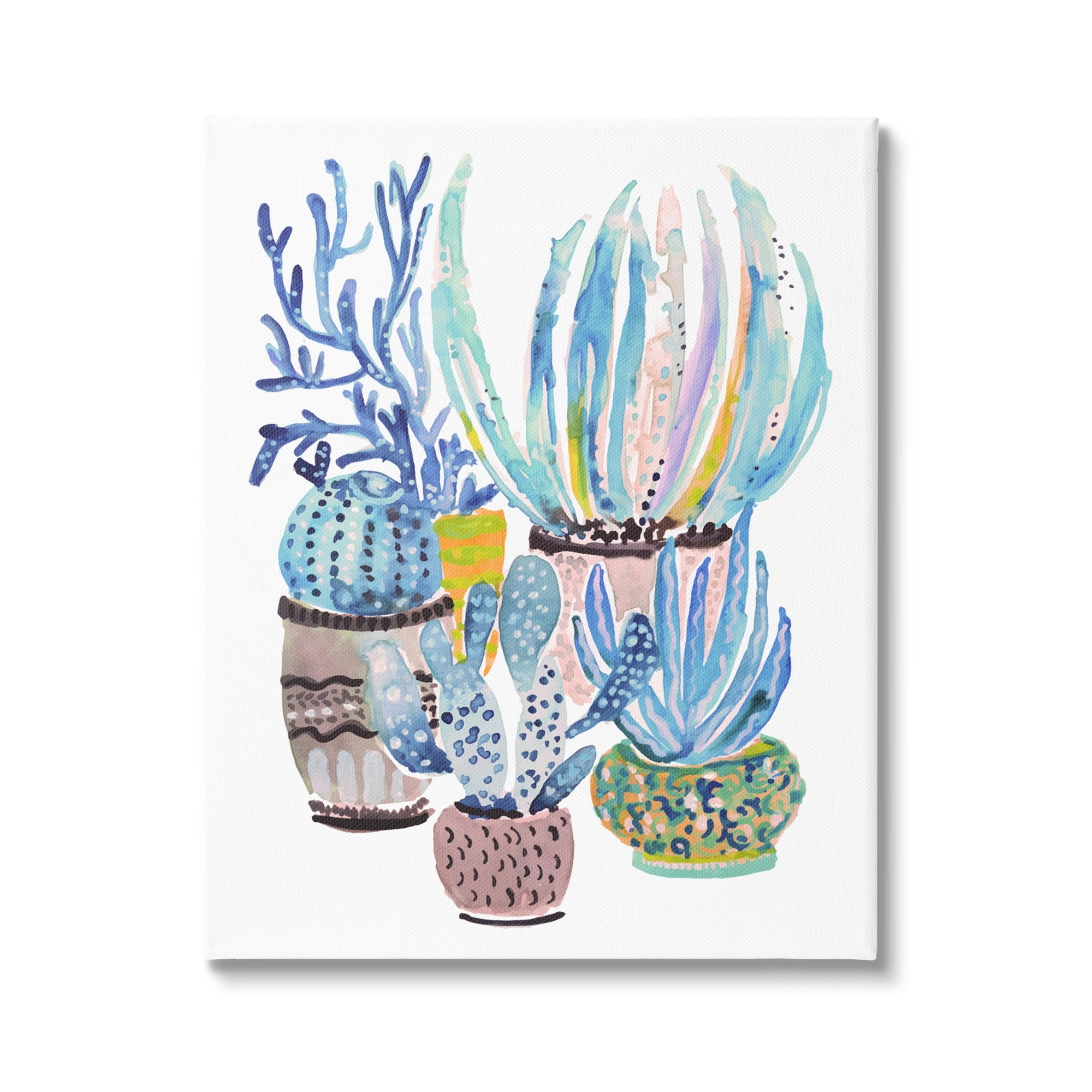 Stupell Patterned Blue Cactus Plants Botanical & Floral Painting Gallery Wrapped Canvas Print Wall Art
