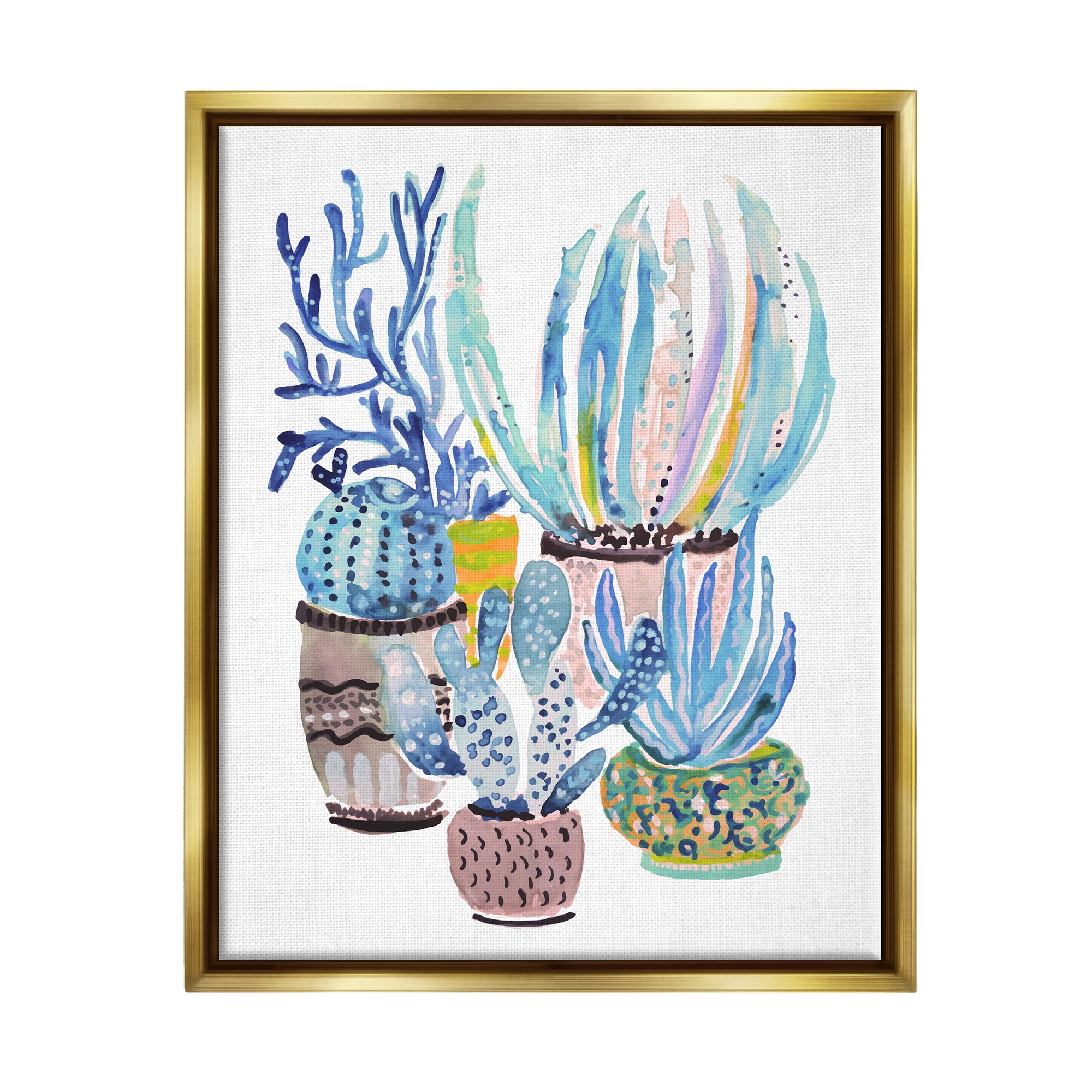 Stupell Patterned Blue Cactus Plants Botanical & Floral Painting Gold Floater Framed Art Print Wall Art