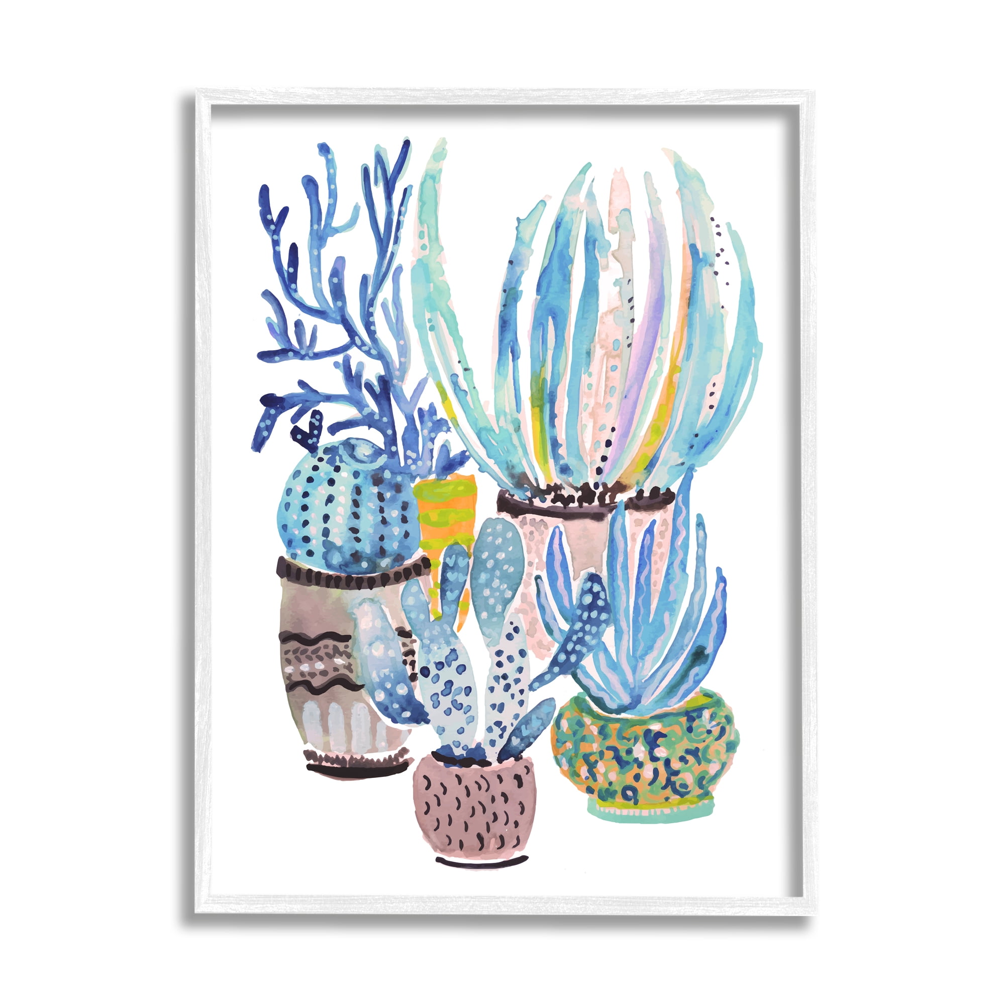 Stupell Patterned Blue Cactus Plants Botanical & Floral Painting White Framed Art Print Wall Art