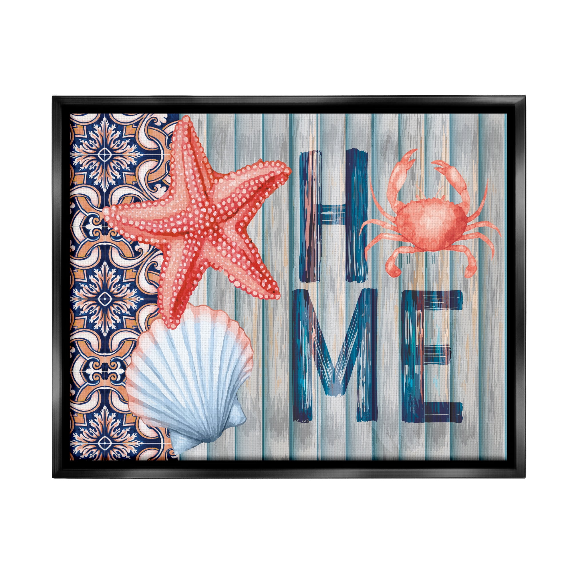 Stupell Patterned Home Nautical Sea Life Landscape Painting Black Floater Framed Art Print Wall Art