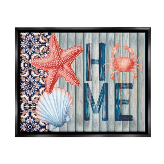Stupell Patterned Home Nautical Sea Life Landscape Painting Black Floater Framed Art Print Wall Art