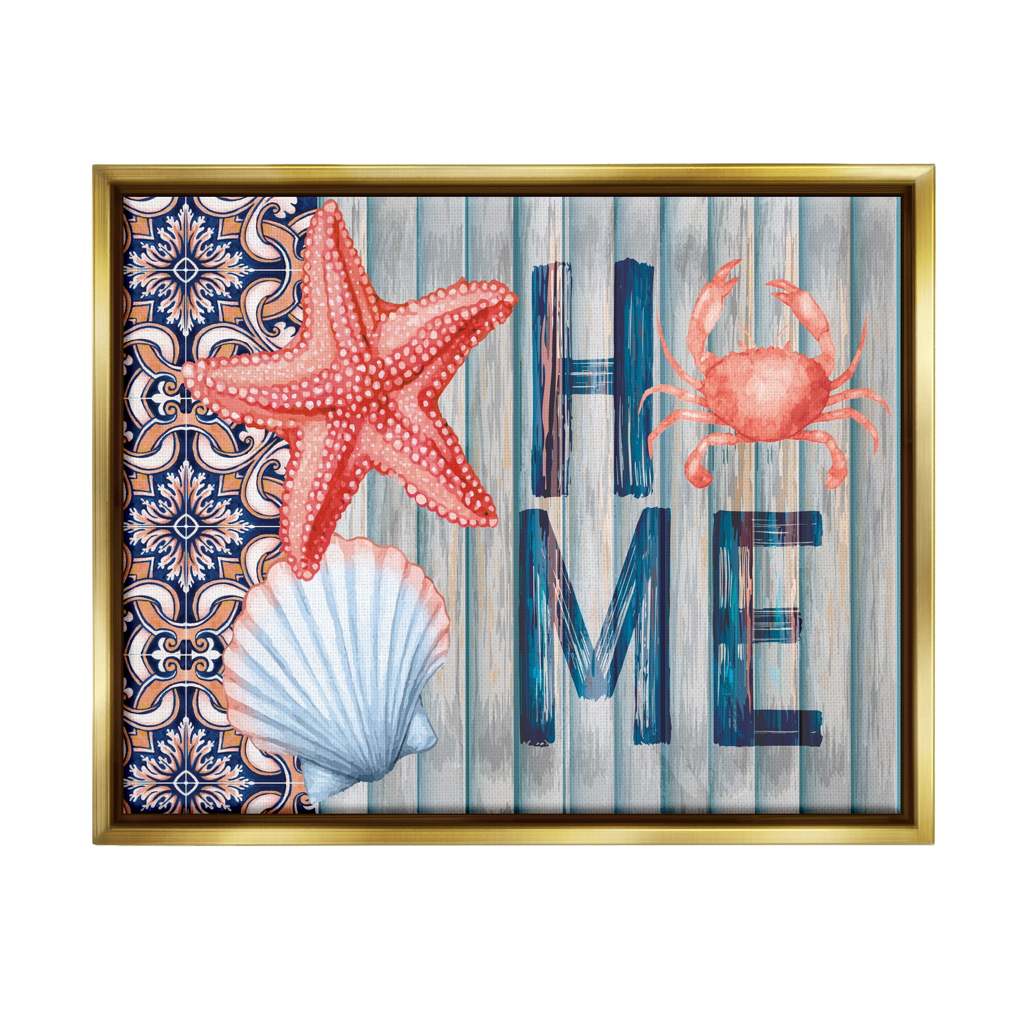 Stupell Patterned Home Nautical Sea Life Landscape Painting Gold Floater Framed Art Print Wall Art