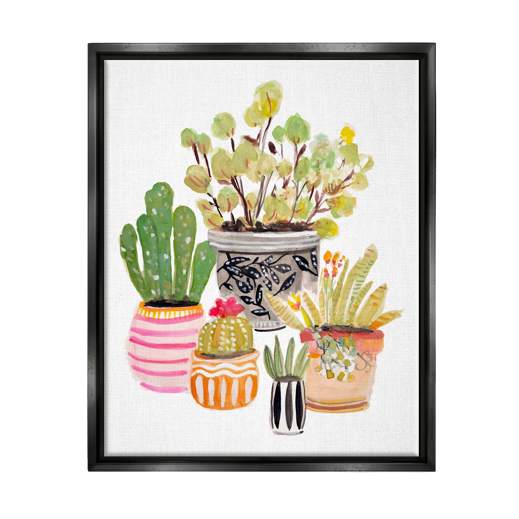 Stupell Patterned Pots Cactus Garden Botanical & Floral Painting Black Floater Framed Art Print Wall Art