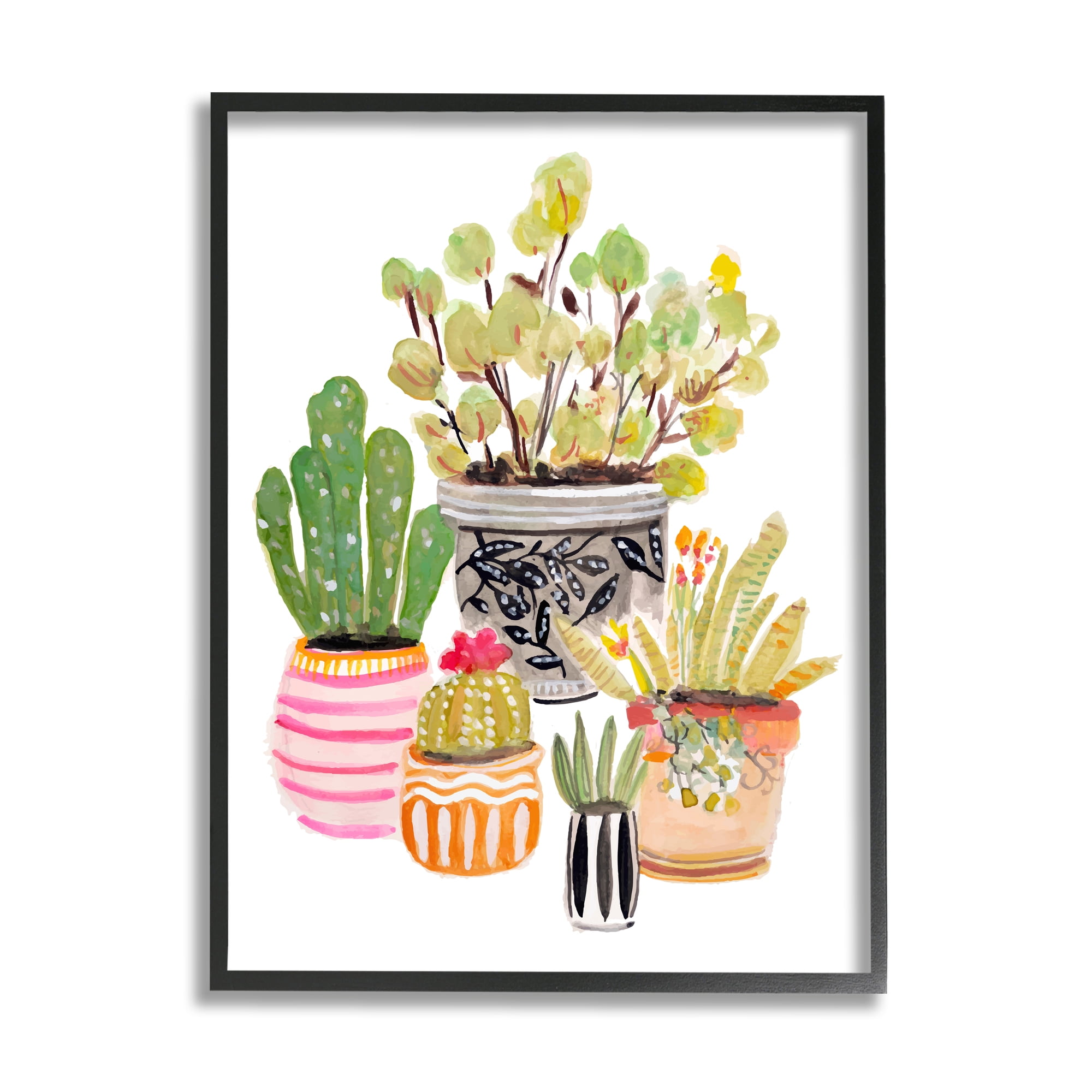 Stupell Patterned Pots Cactus Garden Botanical & Floral Painting Black Framed Art Print Wall Art