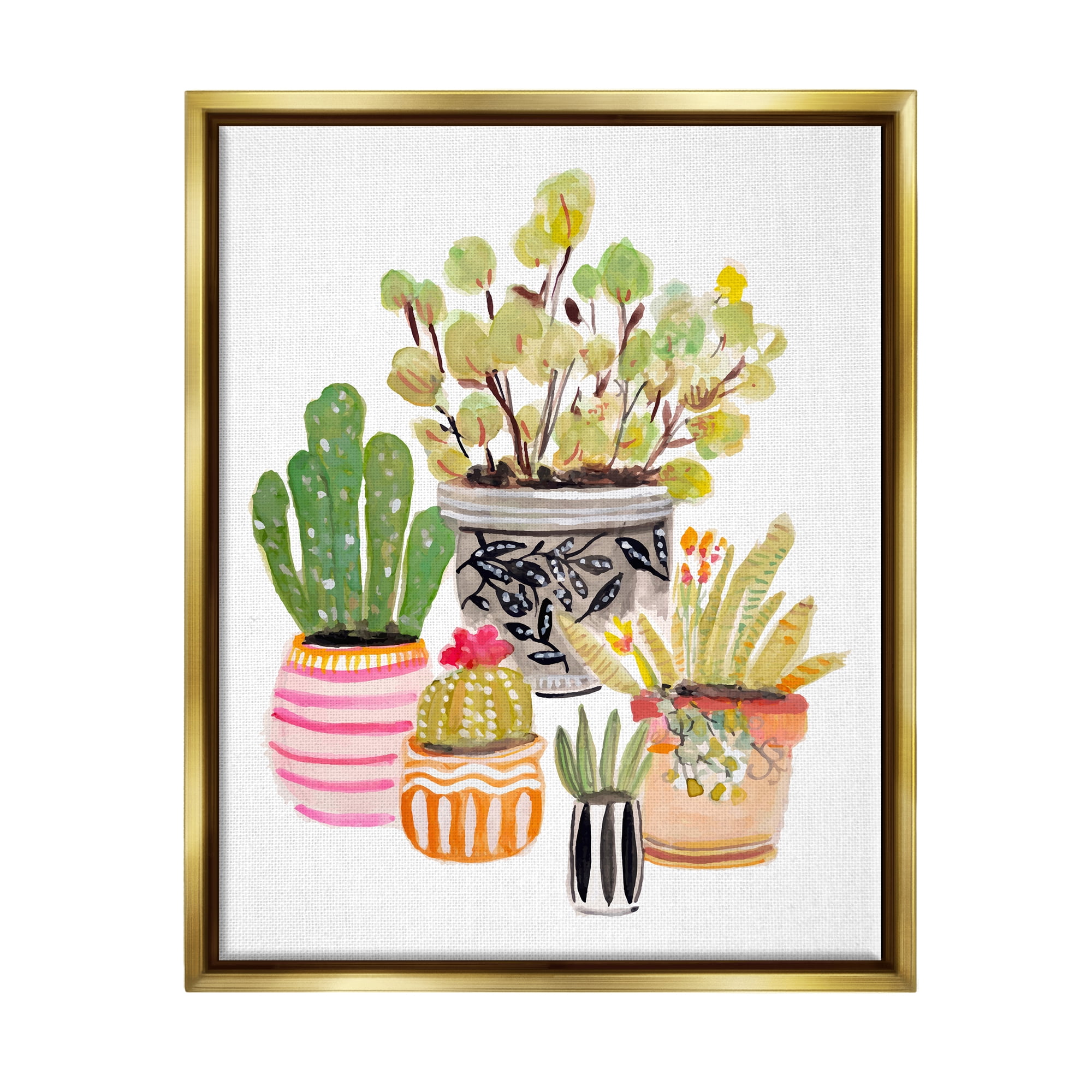 Stupell Patterned Pots Cactus Garden Botanical & Floral Painting Gold Floater Framed Art Print Wall Art
