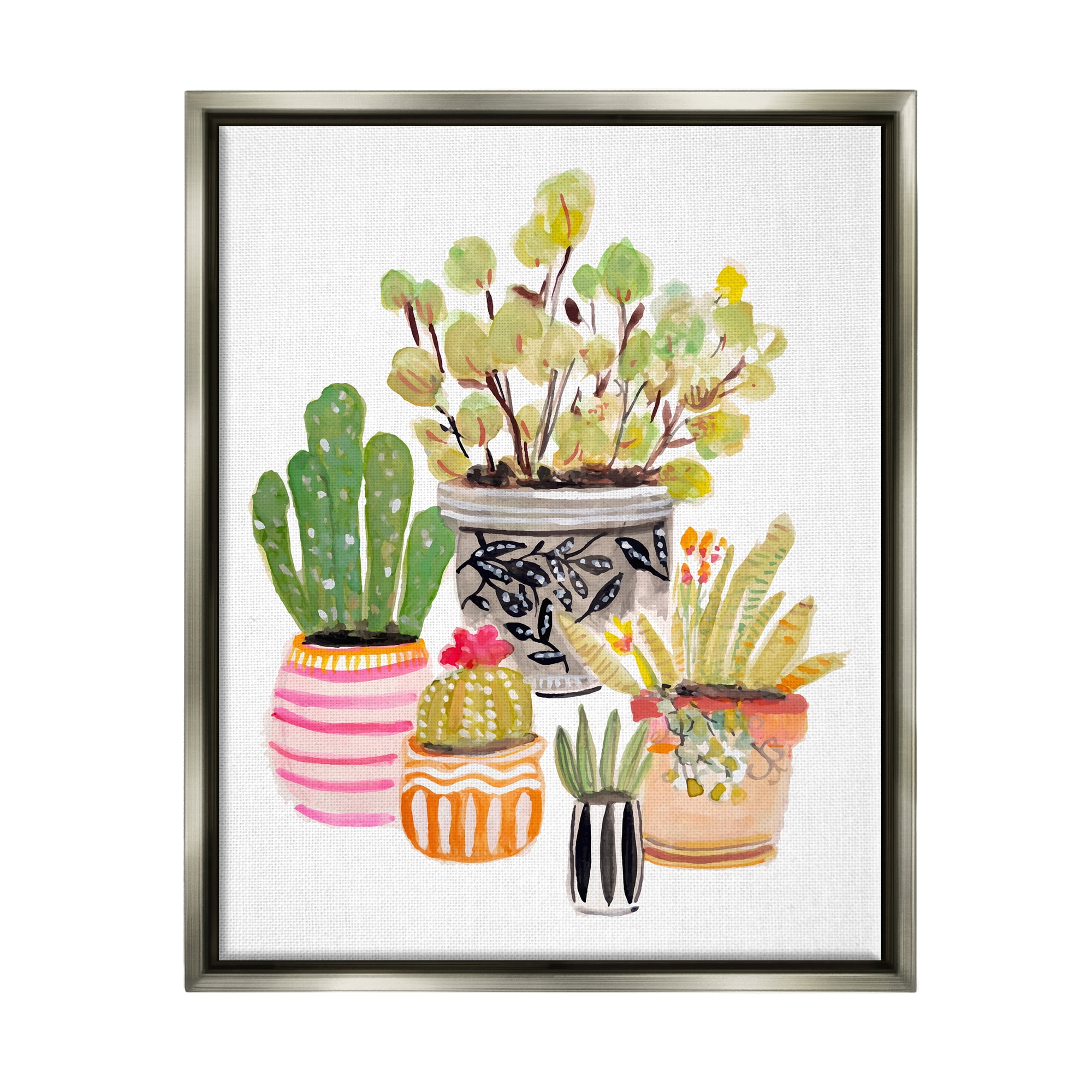 Stupell Patterned Pots Cactus Garden Botanical & Floral Painting Gray Floater Framed Art Print Wall Art
