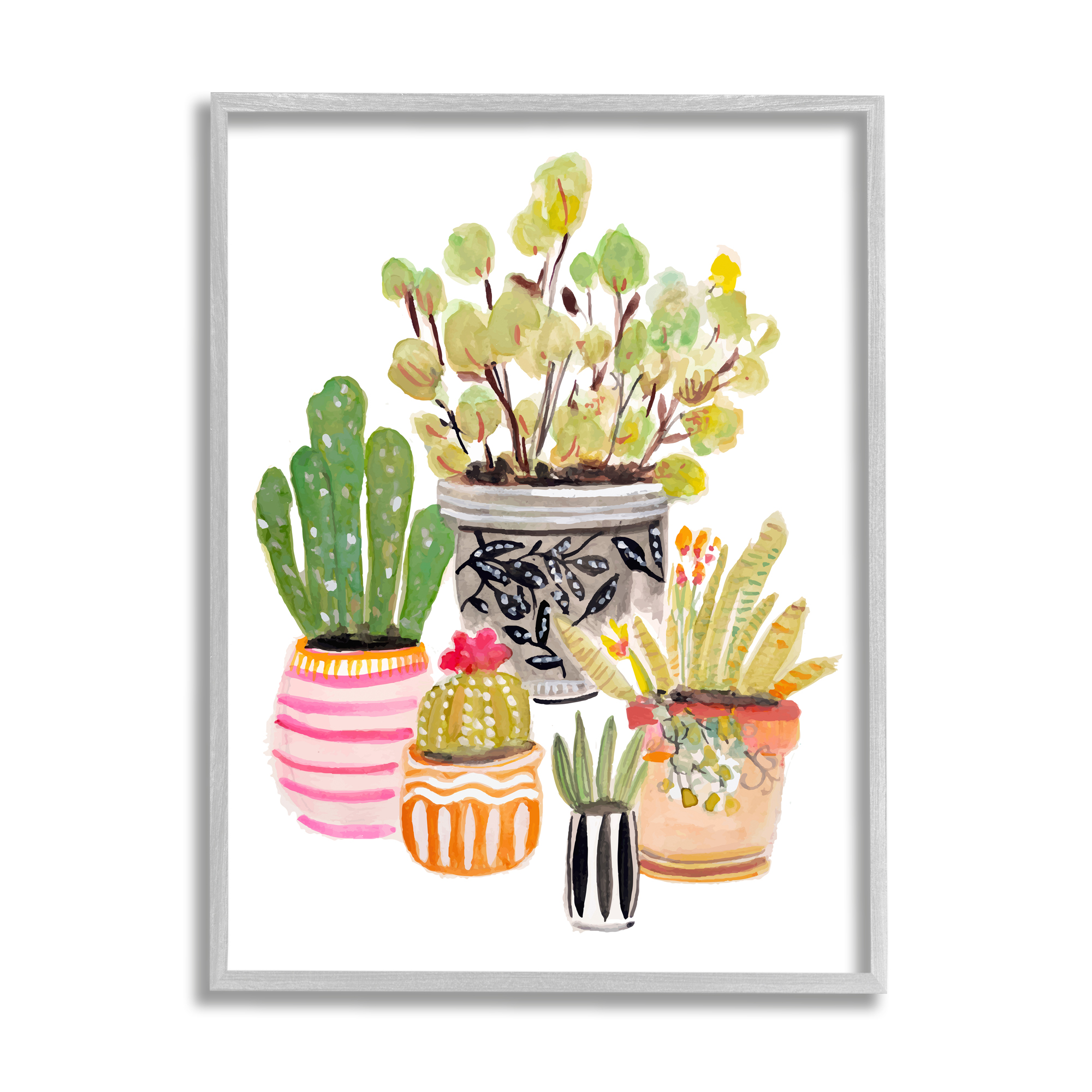 Stupell Patterned Pots Cactus Garden Botanical & Floral Painting Gray Framed Art Print Wall Art