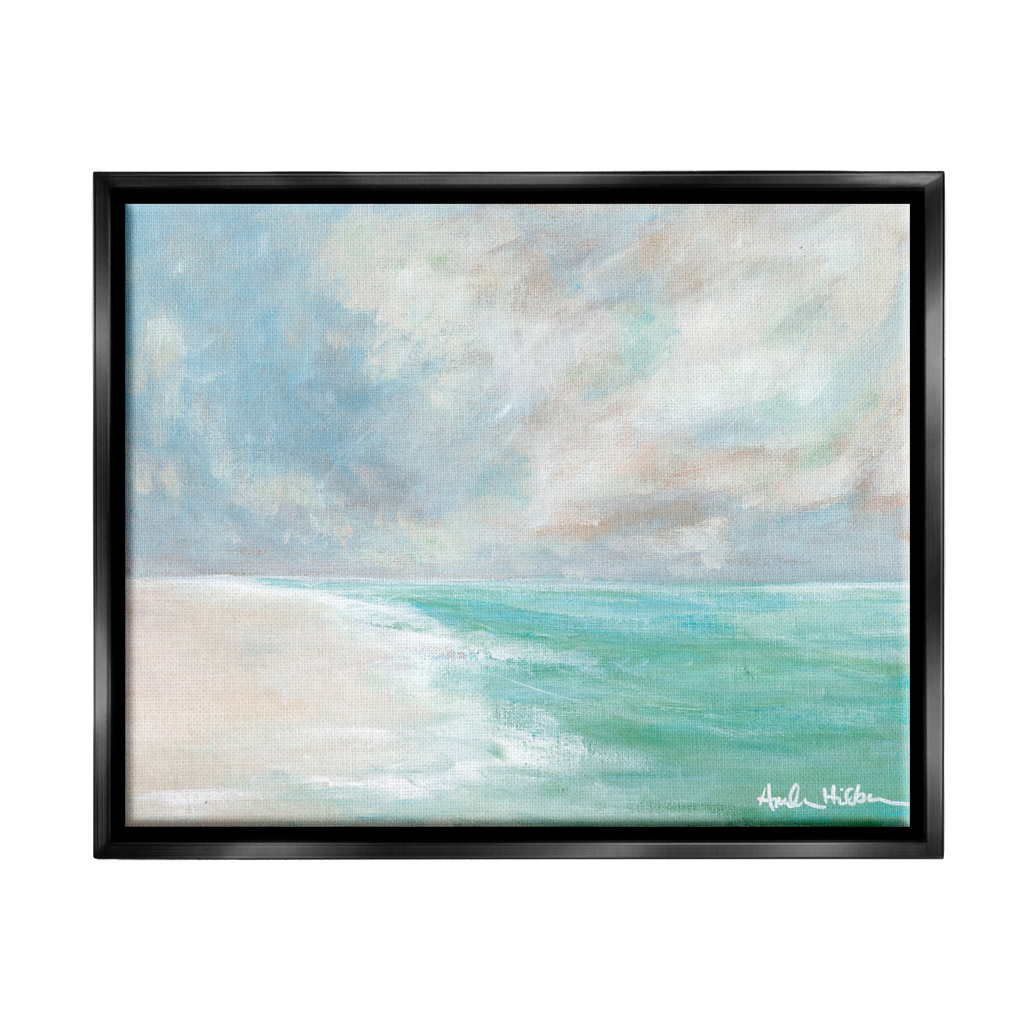 Stupell Peaceful Beach Foam Shore Scenery Landscape Painting Black Floater Framed Art Print Wall Art
