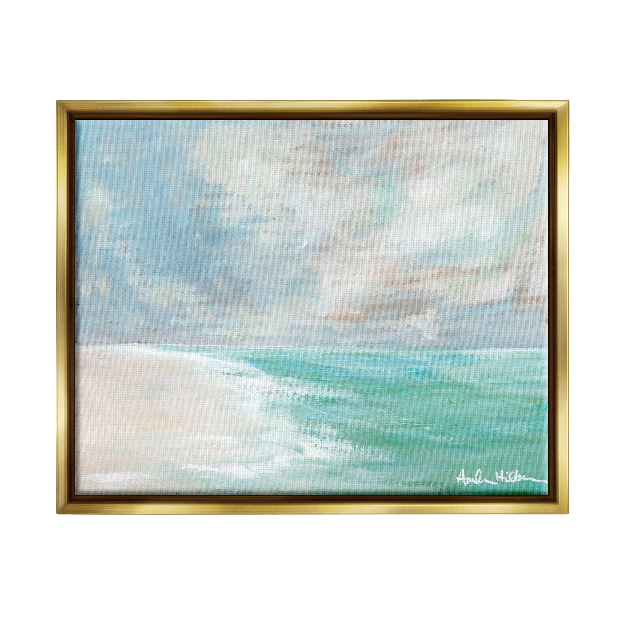 Stupell Peaceful Beach Foam Shore Scenery Landscape Painting Gold Floater Framed Art Print Wall Art