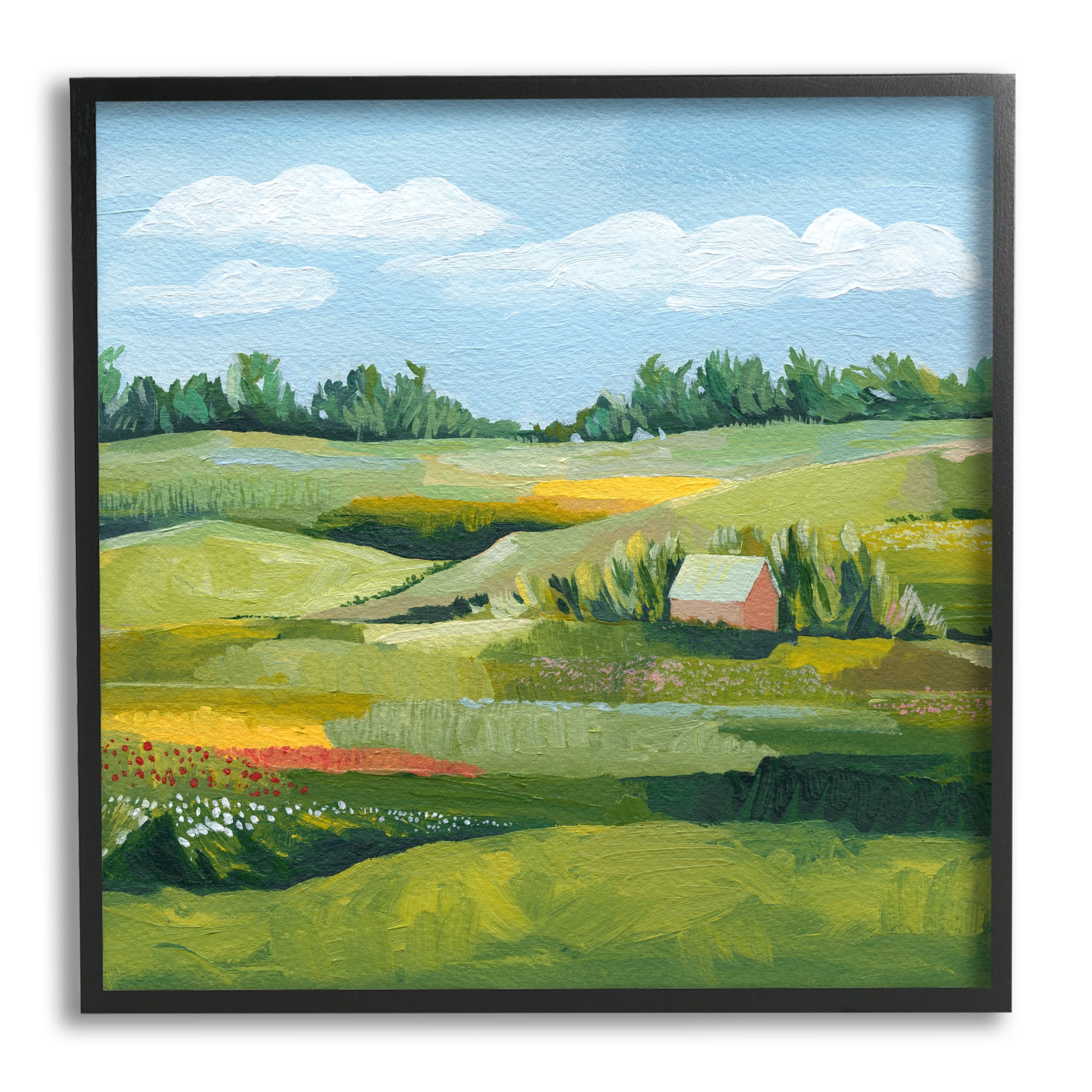 Stupell Peaceful Farmland Fields Greenery Landscape Painting Black Framed Art Print Wall Art