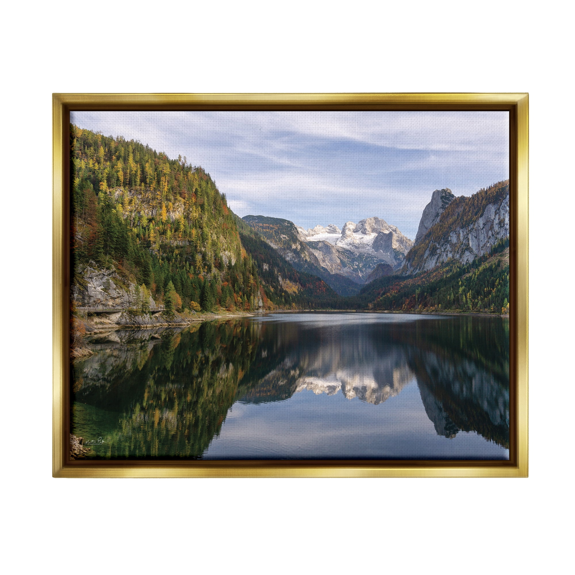 Stupell Peaceful Mountain Lake Reflection Landscape Photography Gold Floater Framed Art Print Wall Art
