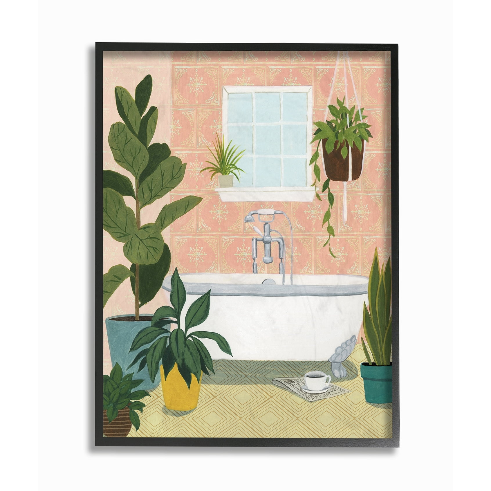 Stupell  Peach Walls Bathroom Oasis Scene with Fiddle Leaf Plants Framed Art, 11 x 14, Design By Artist Grace Popp - Multi-Color 11 x 14