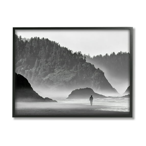 Stupell Person Strolling Rocky Cliff Shoreline Landscape Photography Black Framed Art Print Wall Art