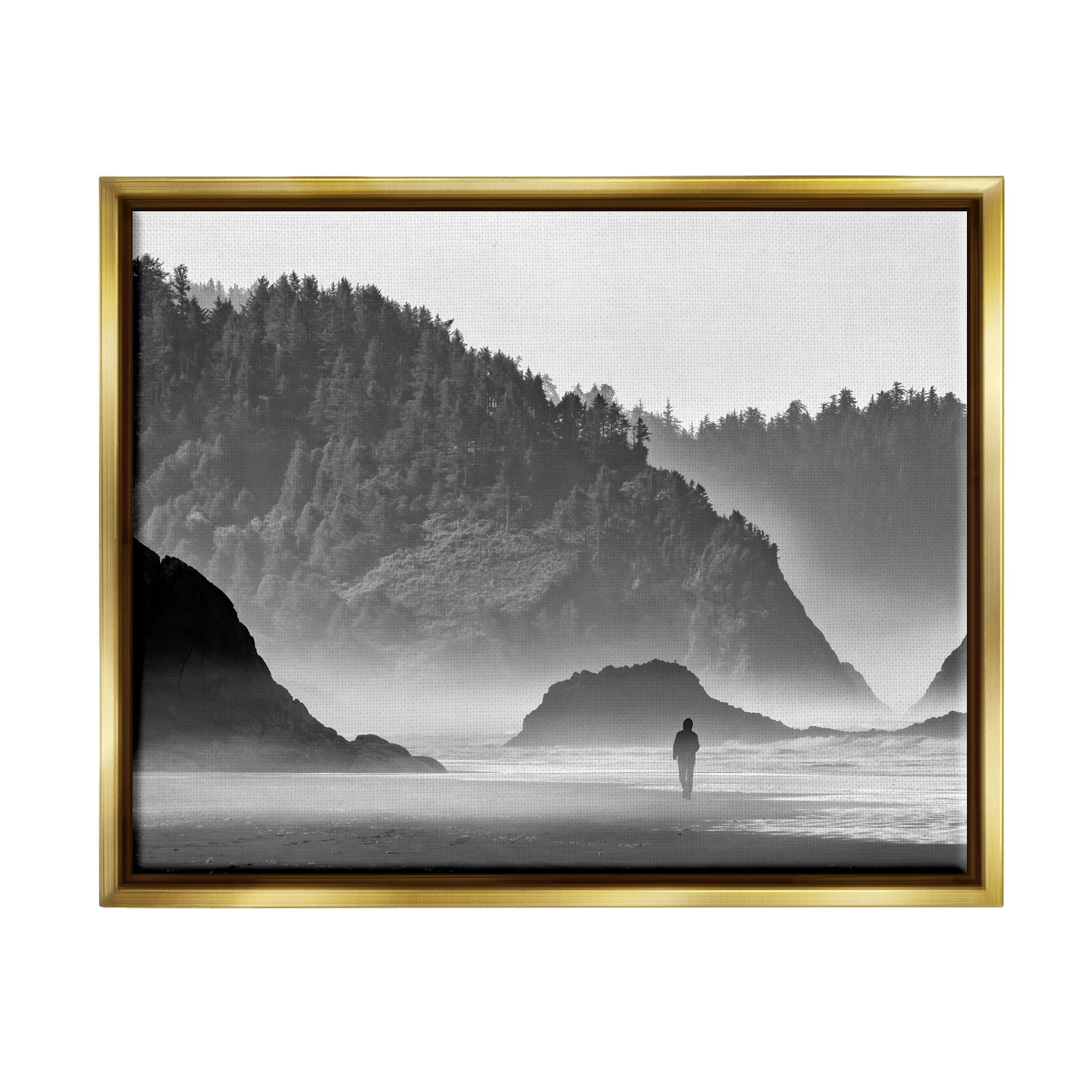 Stupell Person Strolling Rocky Cliff Shoreline Landscape Photography Gold Floater Framed Art Print Wall Art
