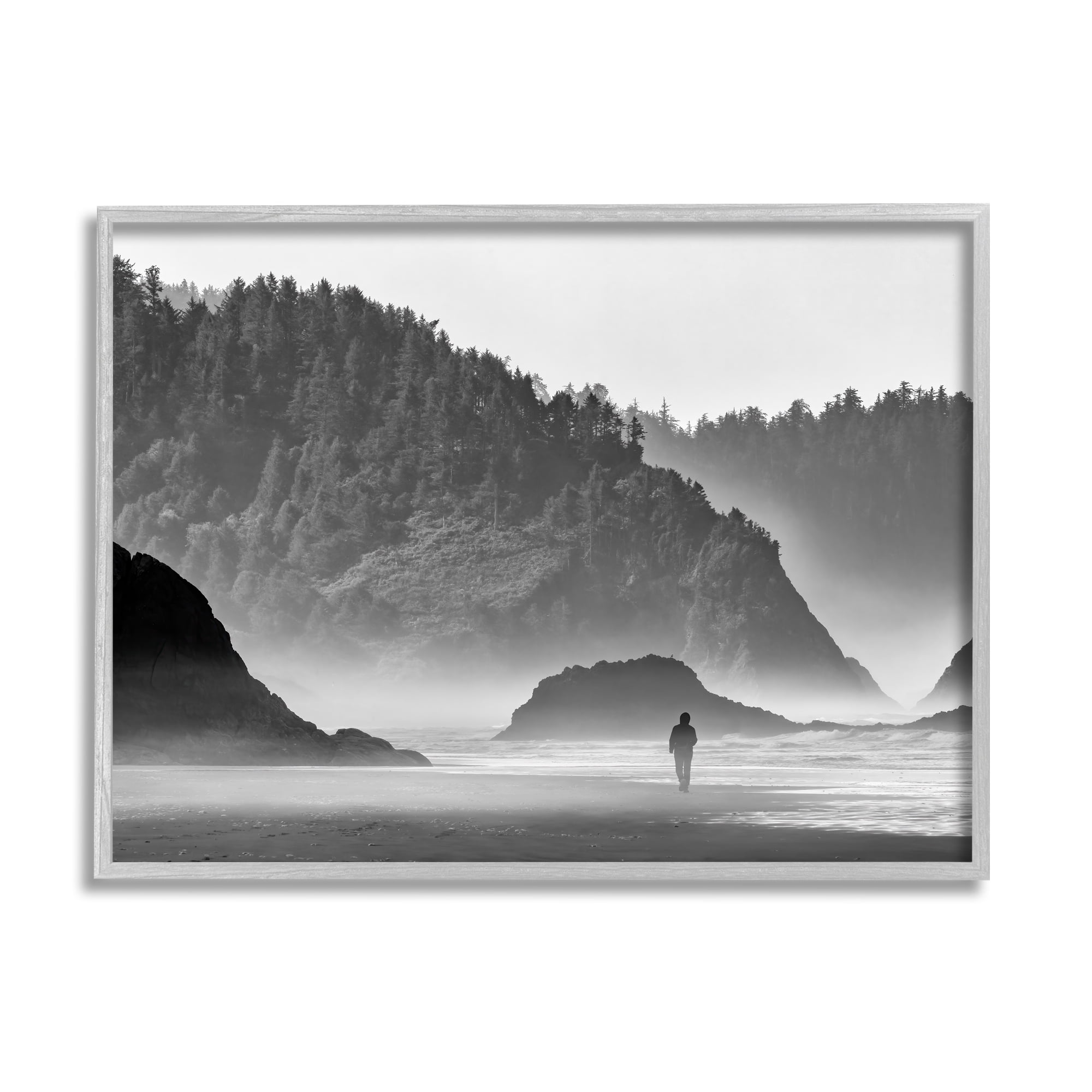 Stupell Person Strolling Rocky Cliff Shoreline Landscape Photography Gray Framed Art Print Wall Art