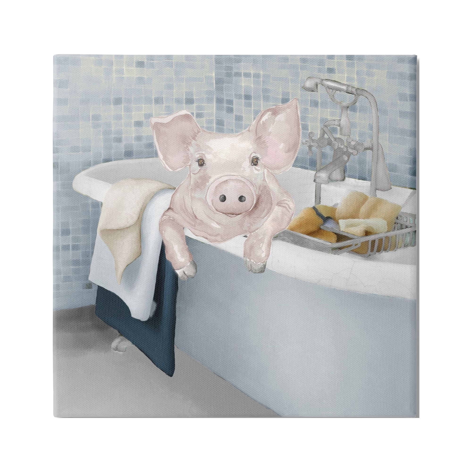 Stupell Pig Bathing Bathroom Tub Animal Animals & Insects Painting Gallery Wrapped Canvas Print Wall Art