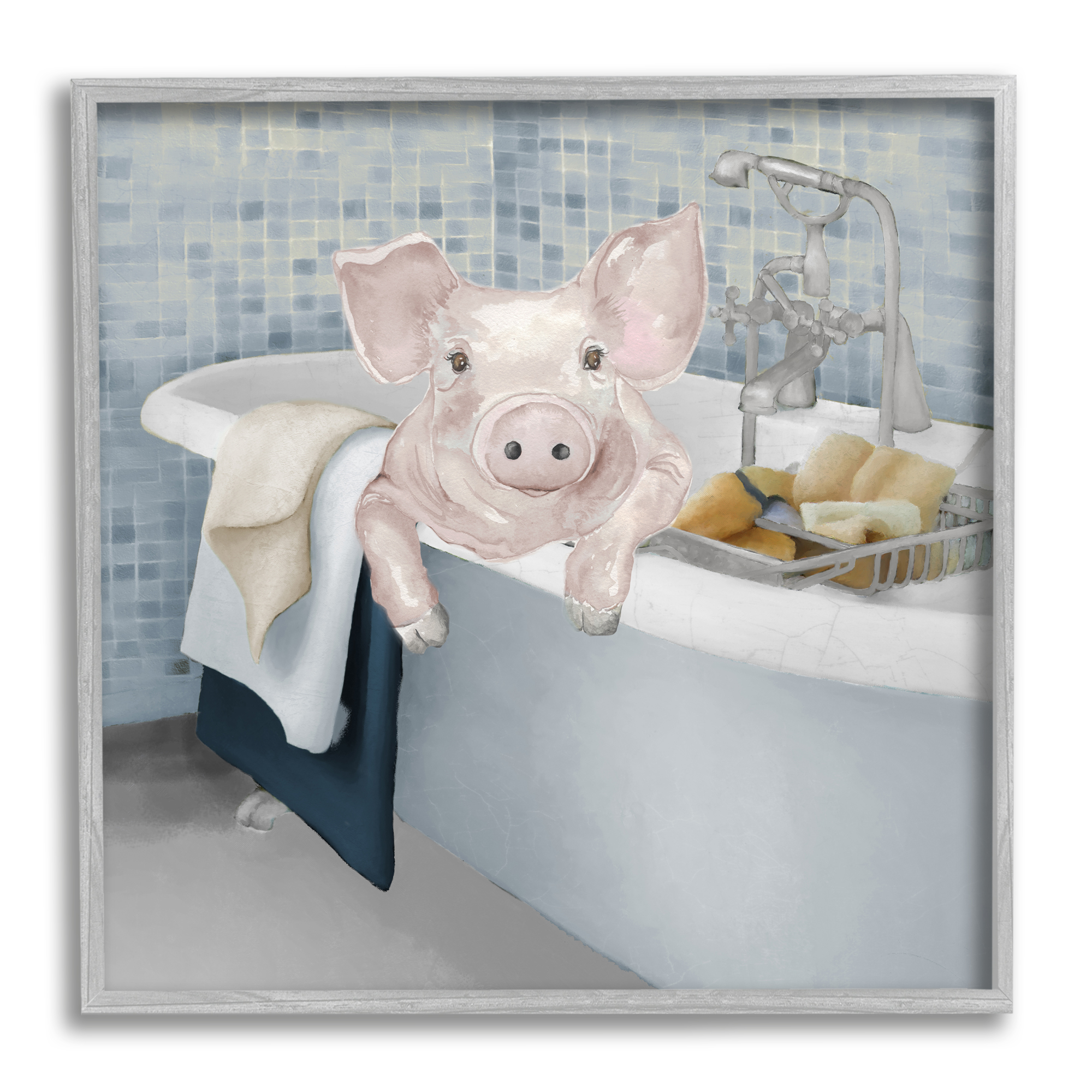 Stupell Pig Bathing Bathroom Tub Animal Animals & Insects Painting Gray Framed Art Print Wall Art
