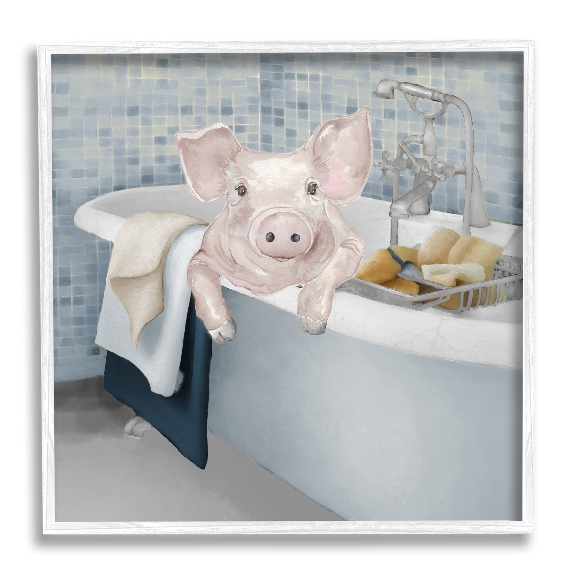 Stupell Pig Bathing Bathroom Tub Animal Animals & Insects Painting White Framed Art Print Wall Art