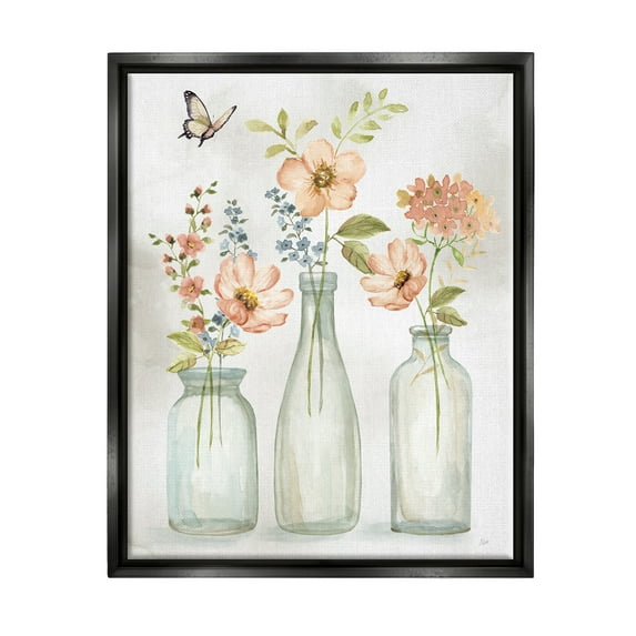 Stupell Pink Blossoms Butterfly Arrangement Botanical & Floral Painting Black Floater Framed Art Print Wall Art