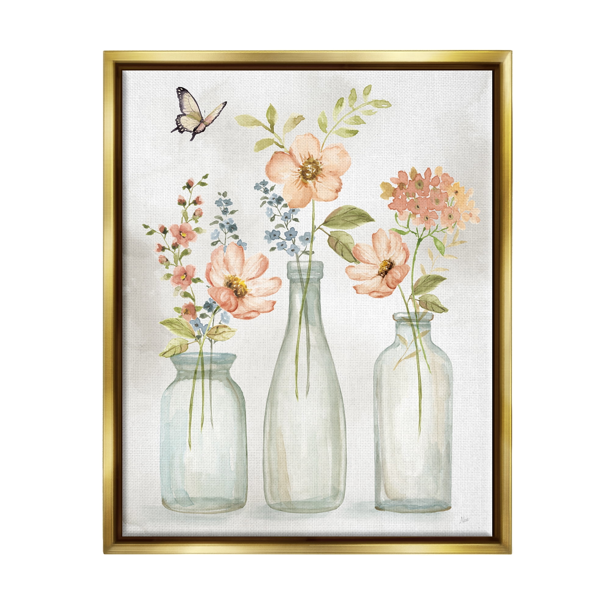 Stupell Pink Blossoms Butterfly Arrangement Botanical & Floral Painting Gold Floater Framed Art Print Wall Art