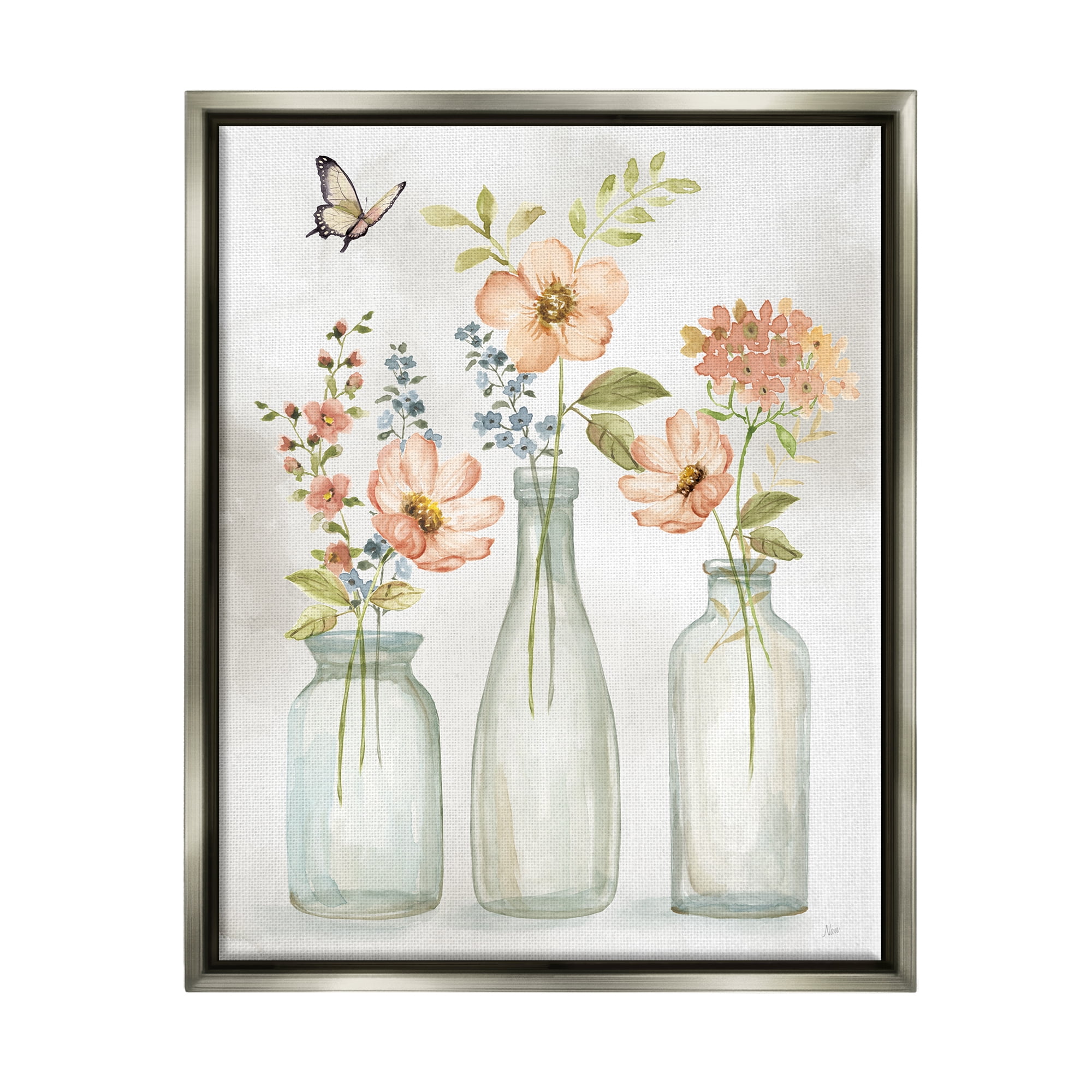 Stupell Pink Blossoms Butterfly Arrangement Botanical & Floral Painting Gray Floater Framed Art Print Wall Art
