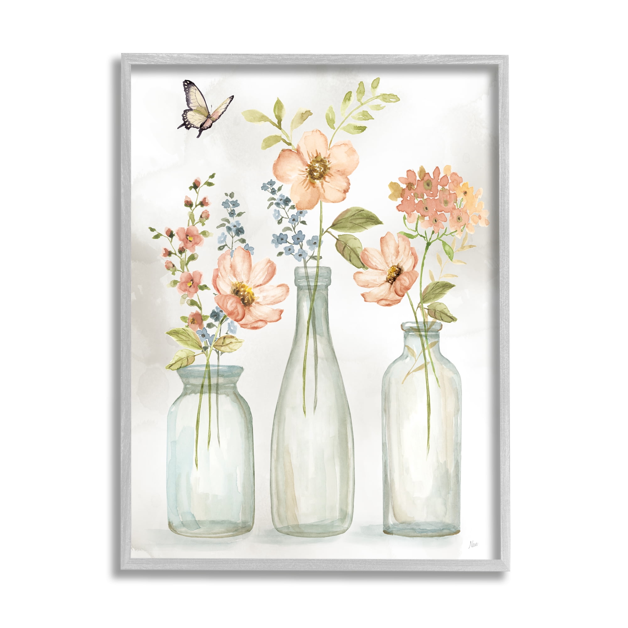 Stupell Pink Blossoms Butterfly Arrangement Botanical & Floral Painting Gray Framed Art Print Wall Art