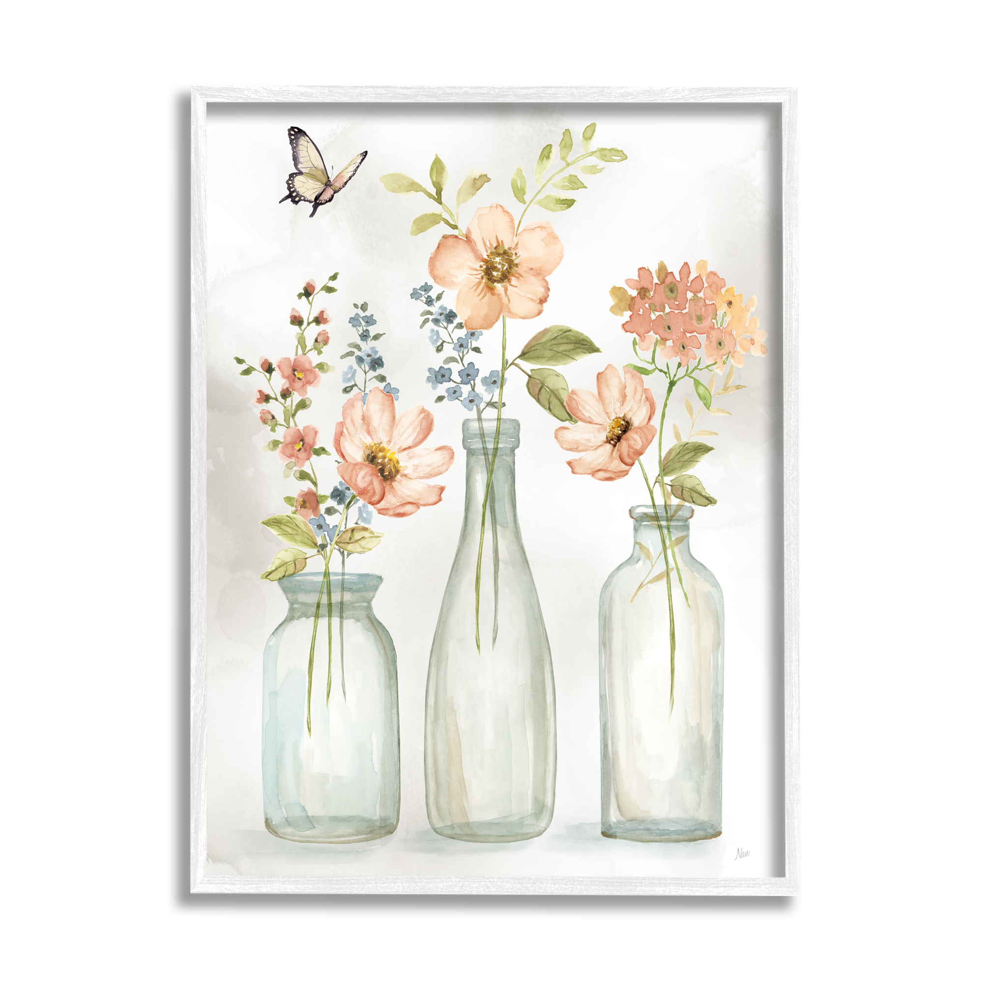 Stupell Pink Blossoms Butterfly Arrangement Botanical & Floral Painting White Framed Art Print Wall Art