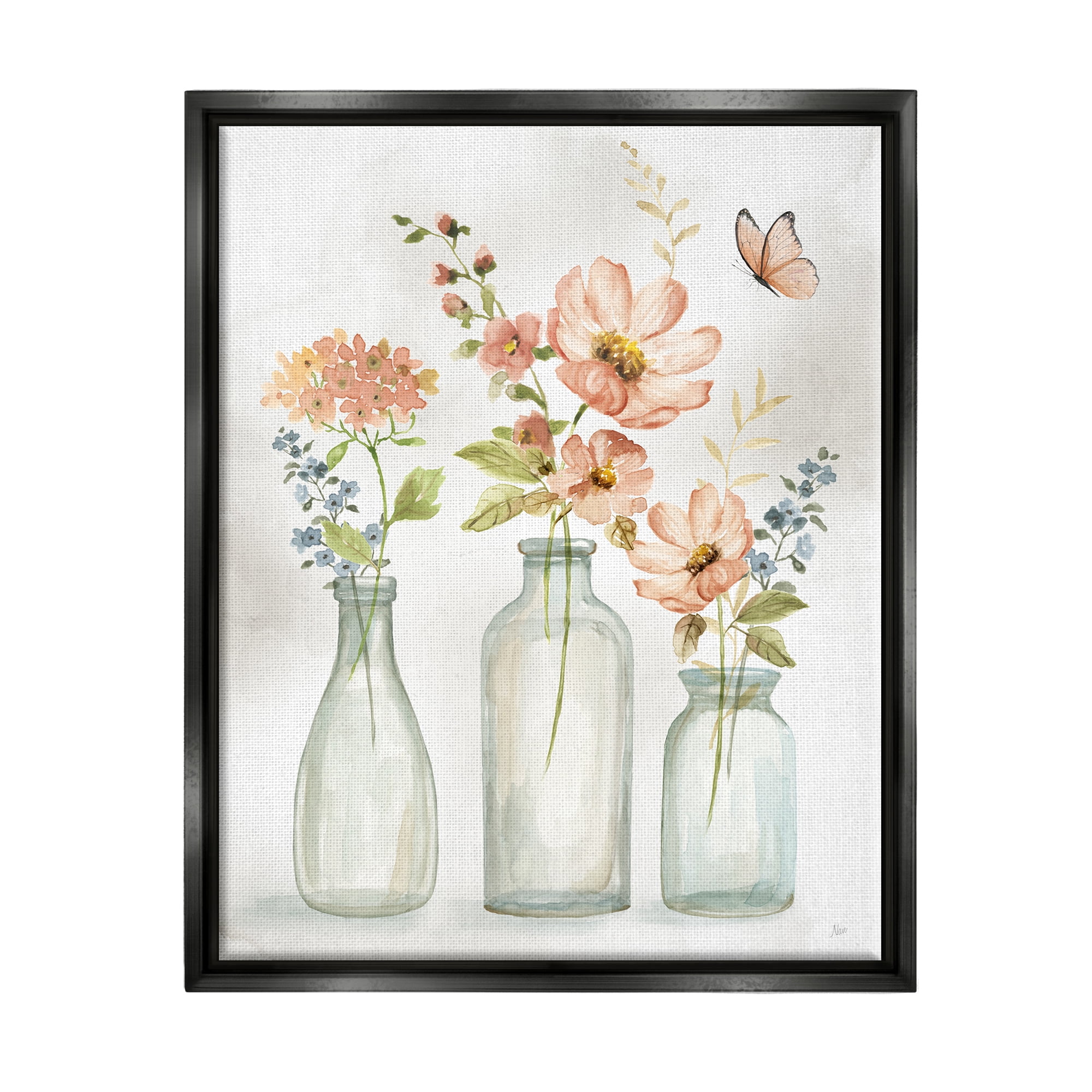 Stupell Pink Flowers Fluttering Butterfly Botanical & Floral Painting Black Floater Framed Art Print Wall Art
