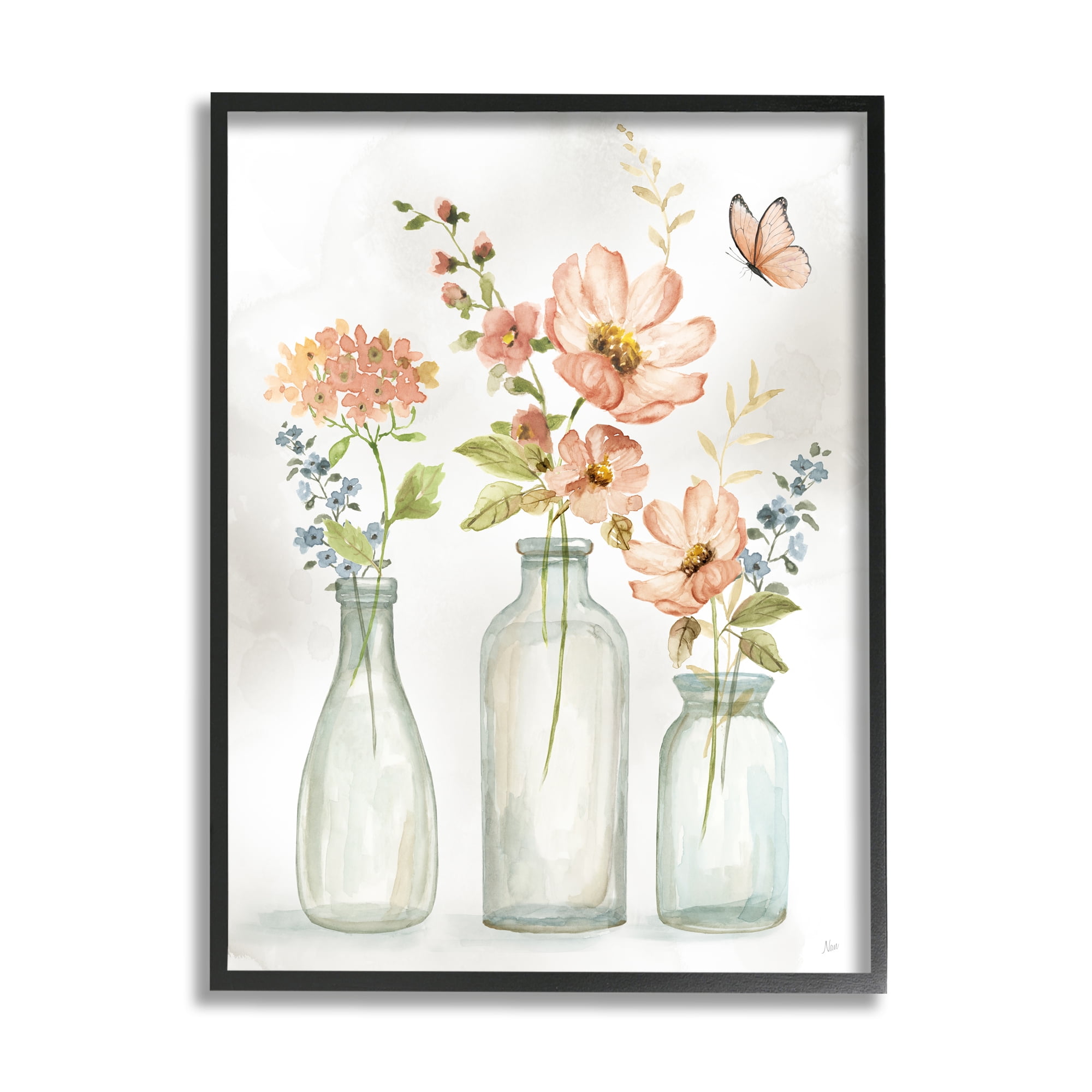 Stupell Pink Flowers Fluttering Butterfly Botanical & Floral Painting Black Framed Art Print Wall Art