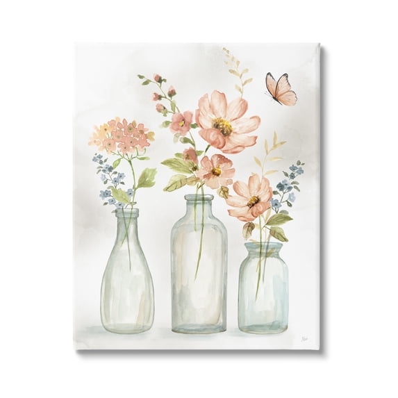 Stupell Pink Flowers Fluttering Butterfly Botanical & Floral Painting Gallery Wrapped Canvas Print Wall Art