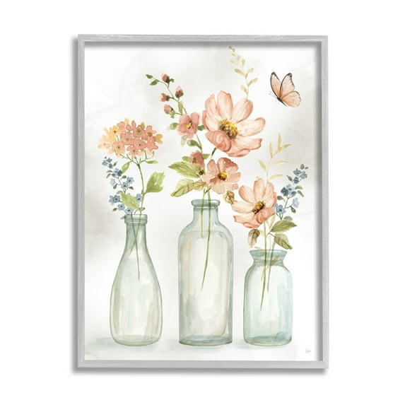 Stupell Pink Flowers Fluttering Butterfly Botanical & Floral Painting Gray Framed Art Print Wall Art