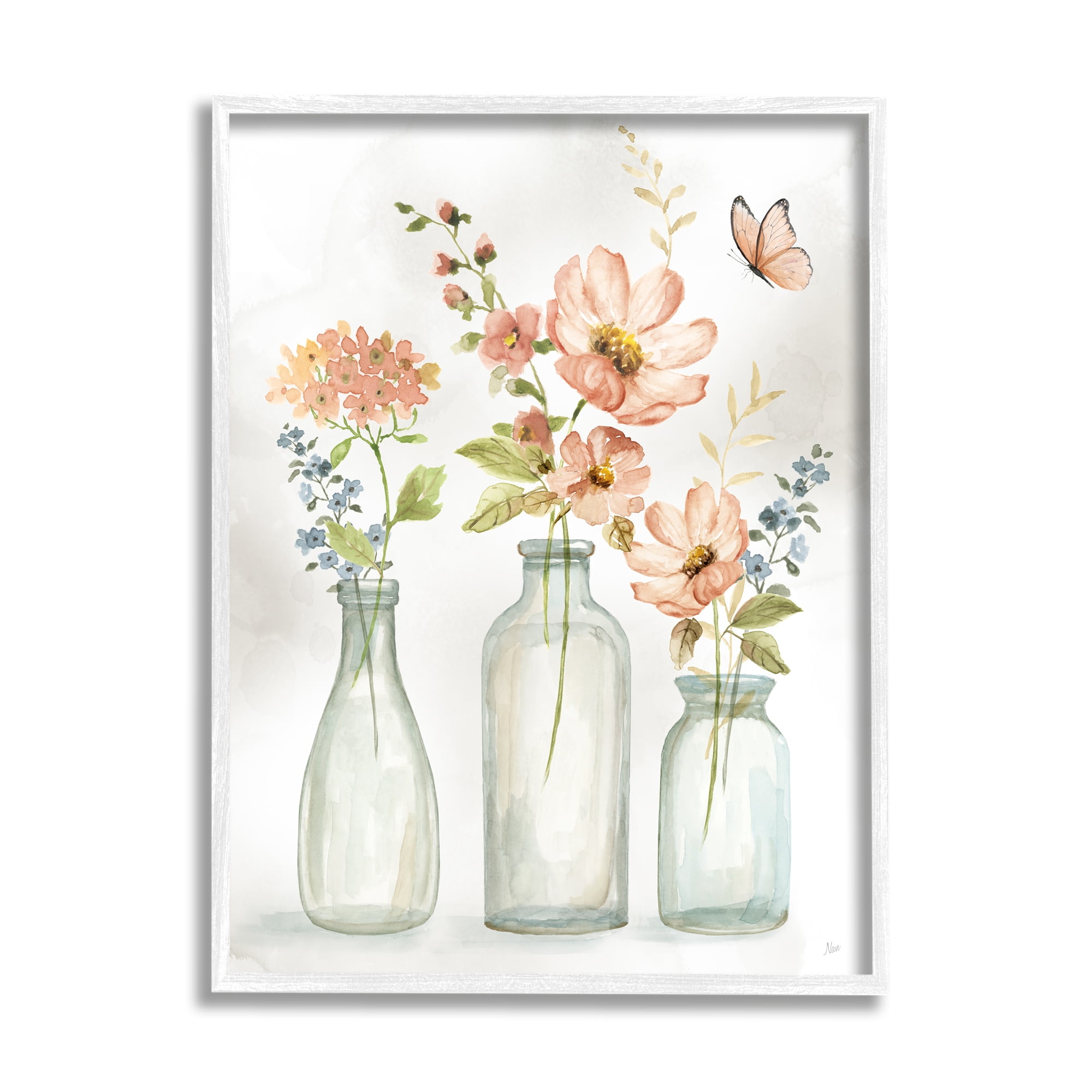 Stupell Pink Flowers Fluttering Butterfly Botanical & Floral Painting White Framed Art Print Wall Art