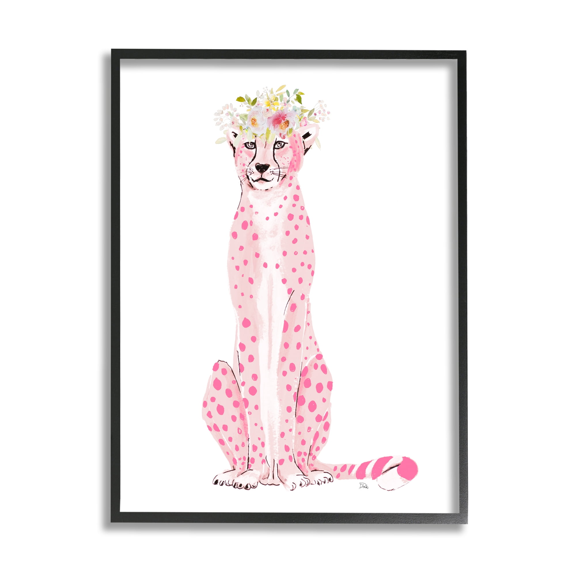 Stupell Pink Leopard Floral Garland Animals & Insects Painting Black Framed Art Print Wall Art