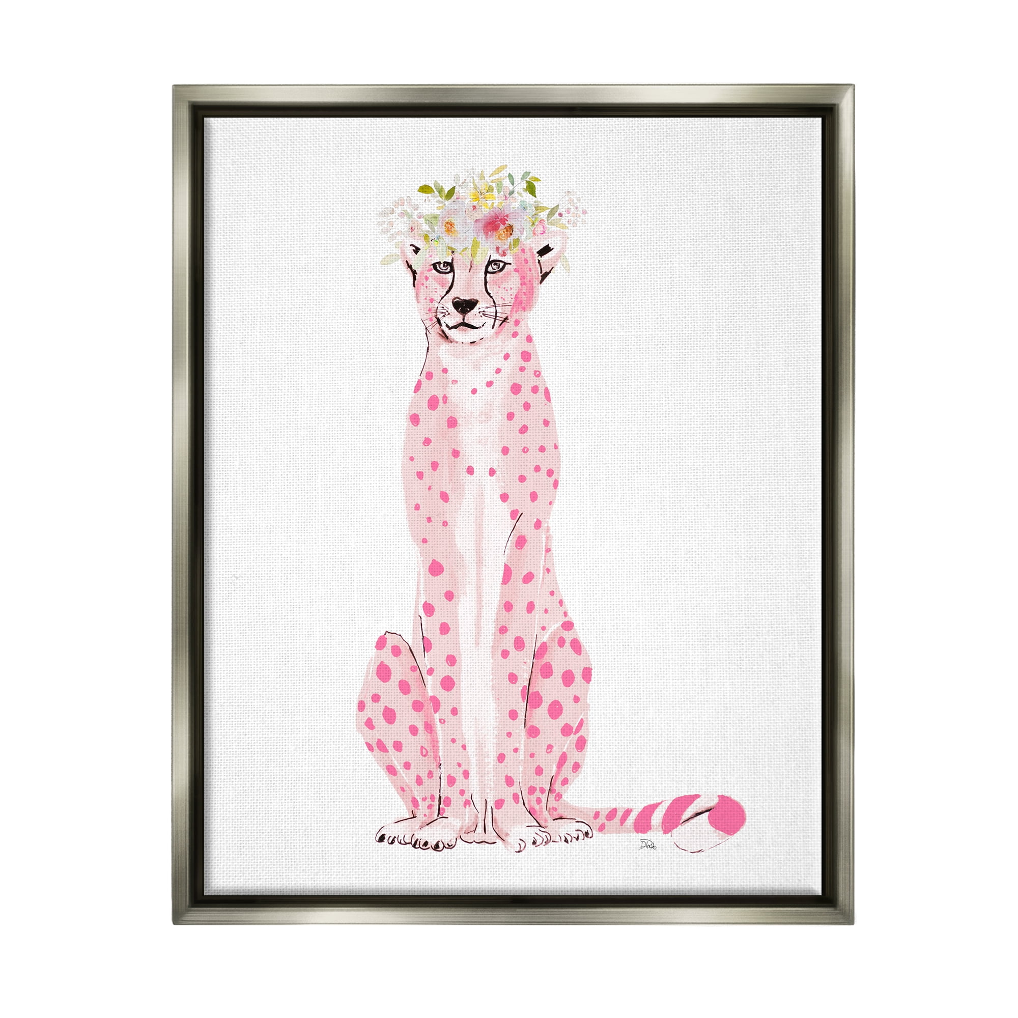 Pink Leopard Floral Garland Canvas Art with Gray Frame, 17 x 21