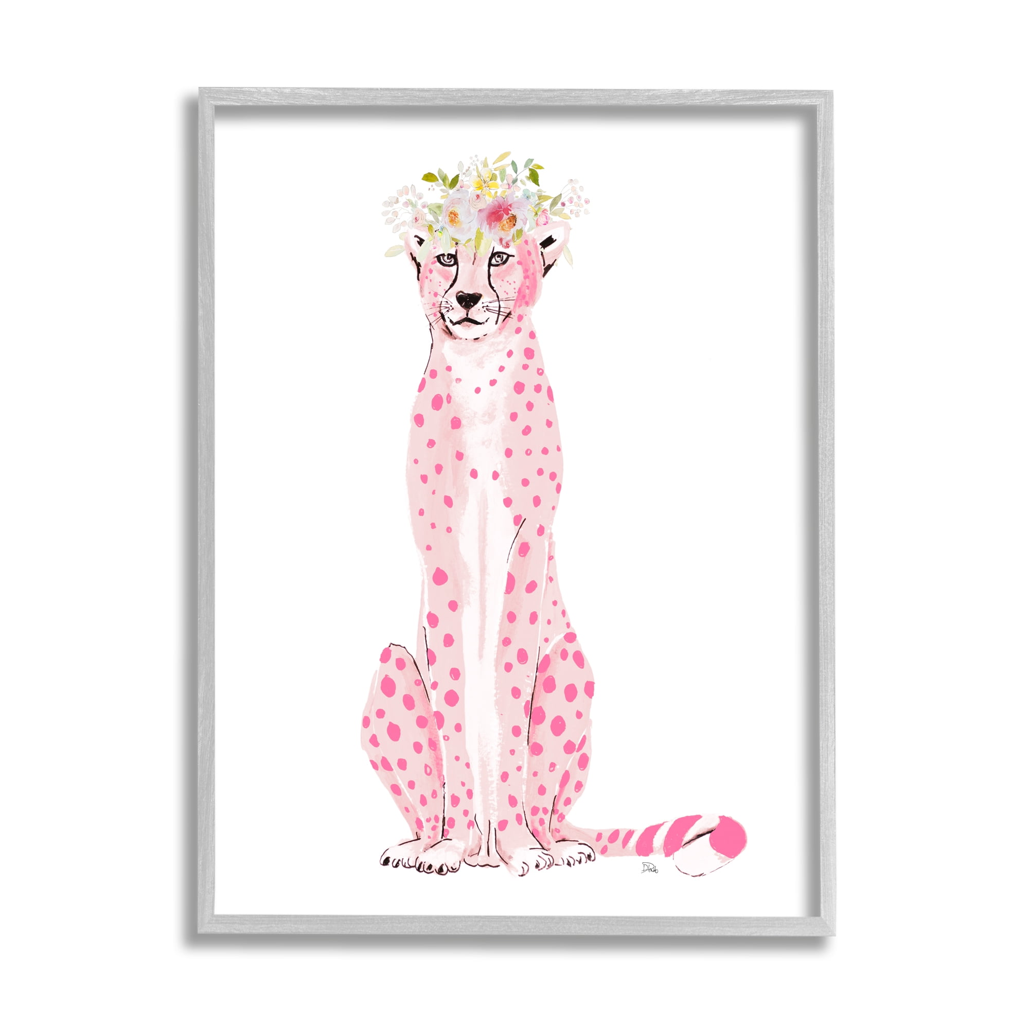 Stupell Pink Leopard Floral Garland Animals & Insects Painting Gray Framed Art Print Wall Art