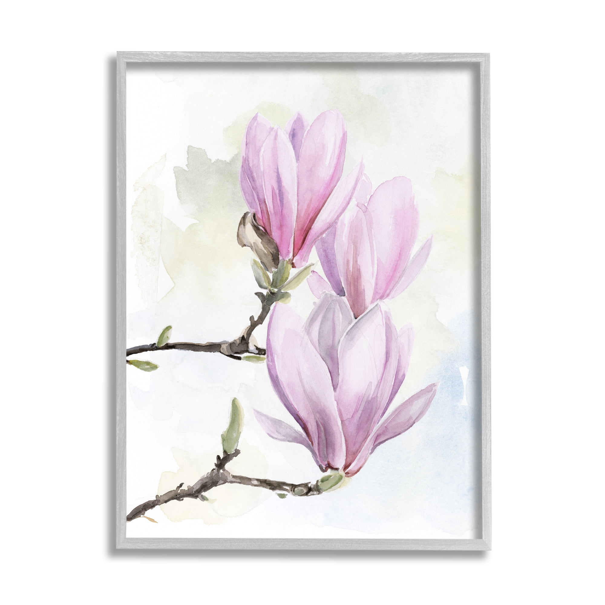 Stupell Pink Magnolia Flower Blooms Botanical & Floral Painting Gray Framed Art Print Wall Art