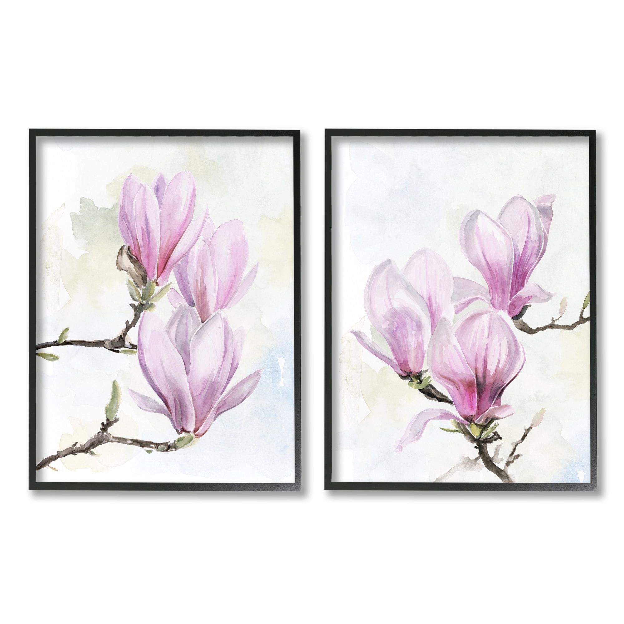 Stupell Pink Magnolia Flower Blossoms Botanical & Floral Painting Black Framed Art Print Wall Art, Set of 2