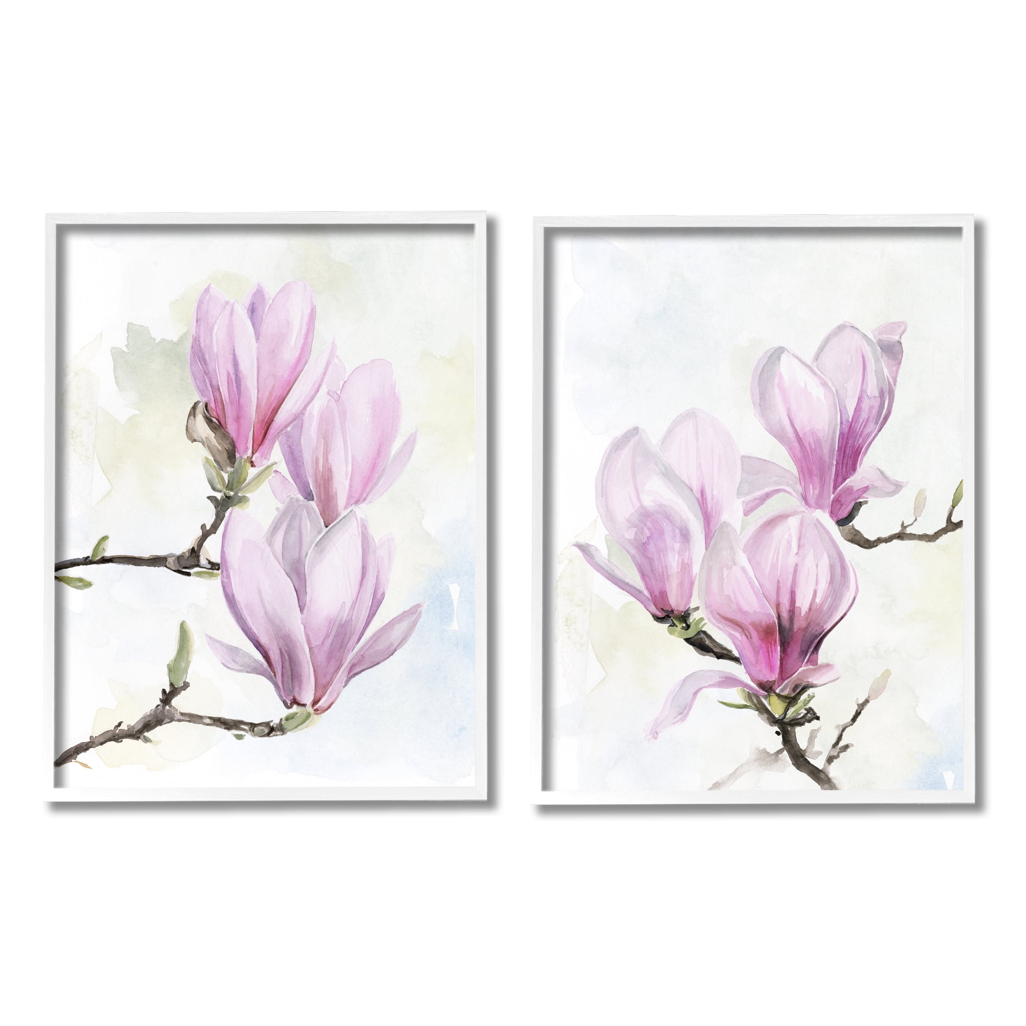 Stupell Pink Magnolia Flower Blossoms Botanical & Floral Painting White Framed Art Print Wall Art, Set of 2