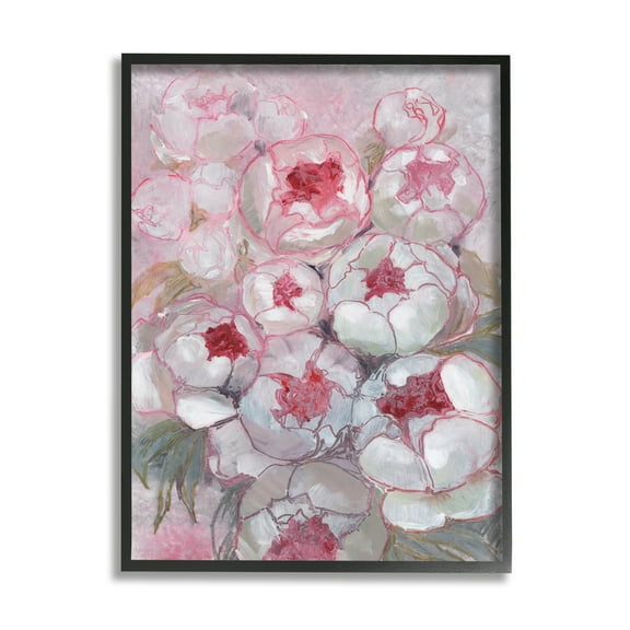 Stupell Pink Outline Peony Blooms Abstract Botanical & Floral Painting Black Framed Art Print Wall Art