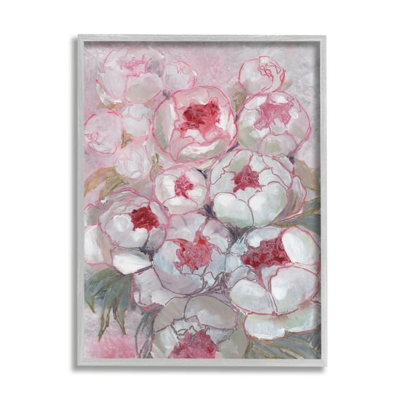 Stupell Pink Outline Peony Blooms Abstract Botanical & Floral Painting Gray Framed Art Print Wall Art