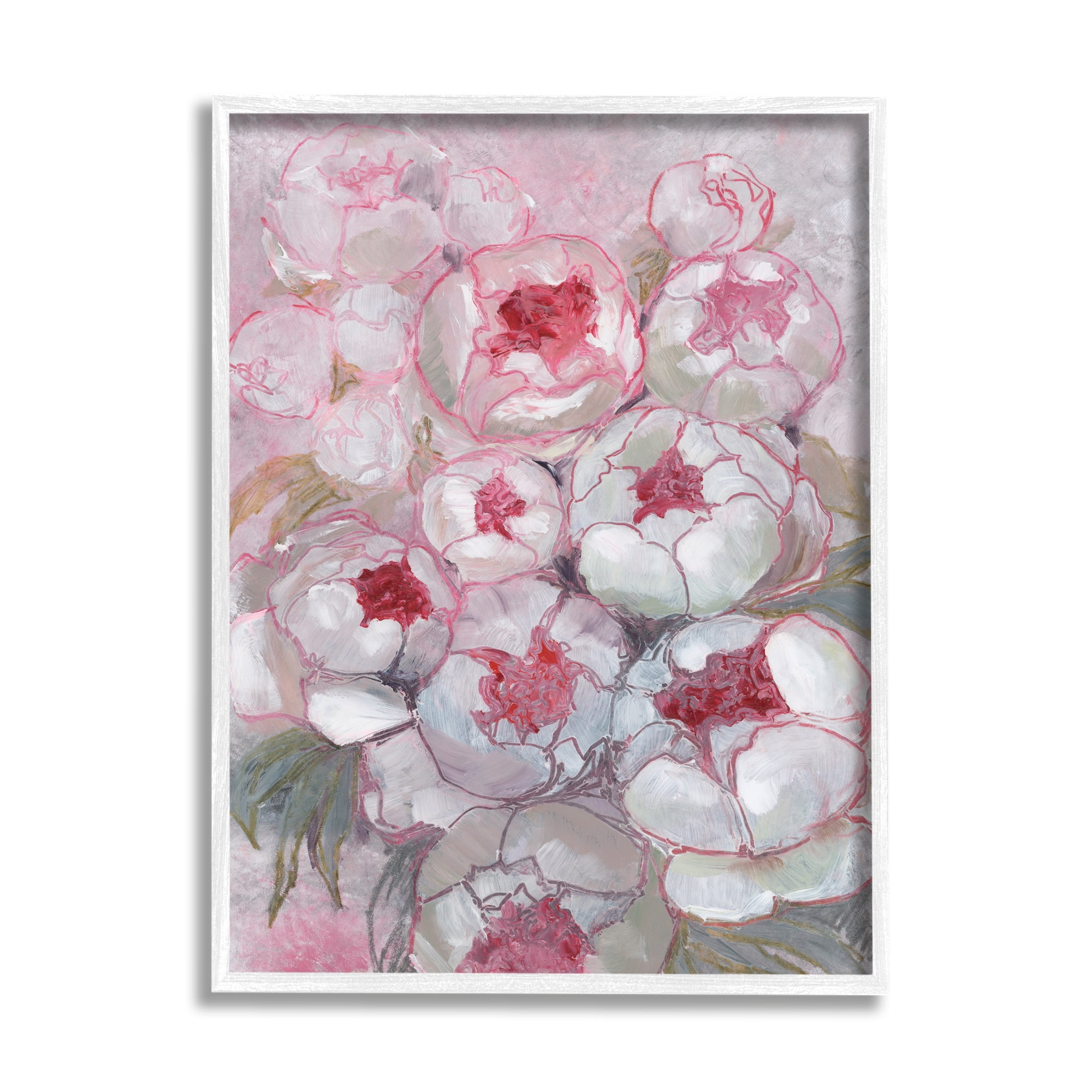 Stupell Pink Outline Peony Blooms Abstract Botanical & Floral Painting White Framed Art Print Wall Art