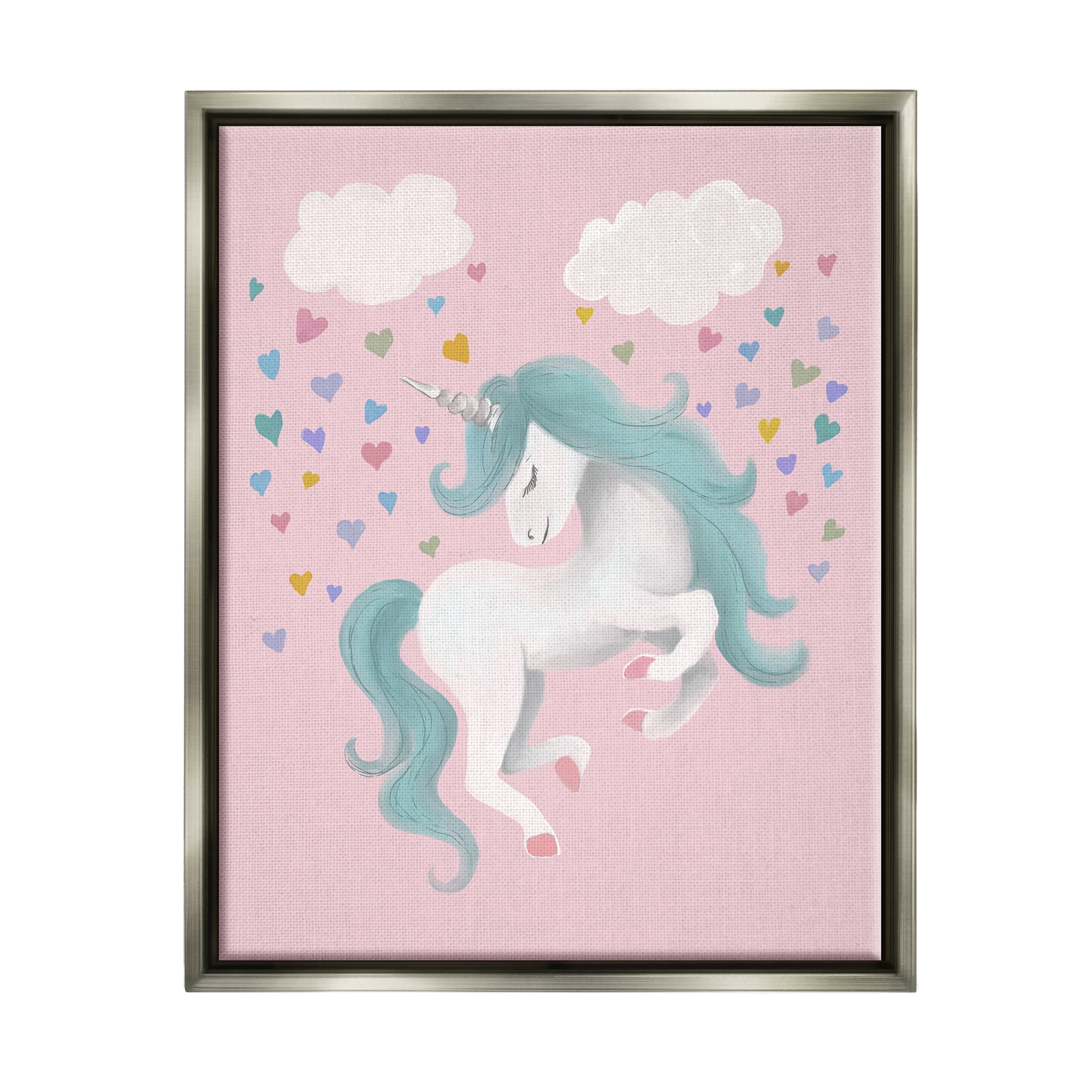 Stupell Pink Pastel Unicorn Clouds Fairy Tales & Fantasy Painting Gray Floater Framed Art Print Wall Art