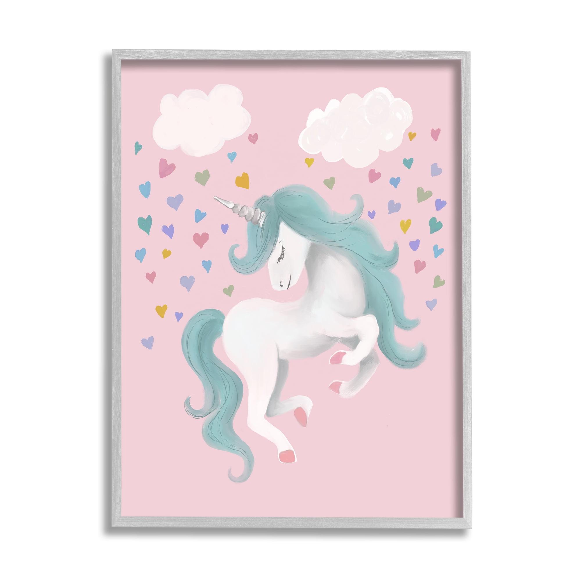 Stupell Pink Pastel Unicorn Clouds Fairy Tales & Fantasy Painting Gray Framed Art Print Wall Art