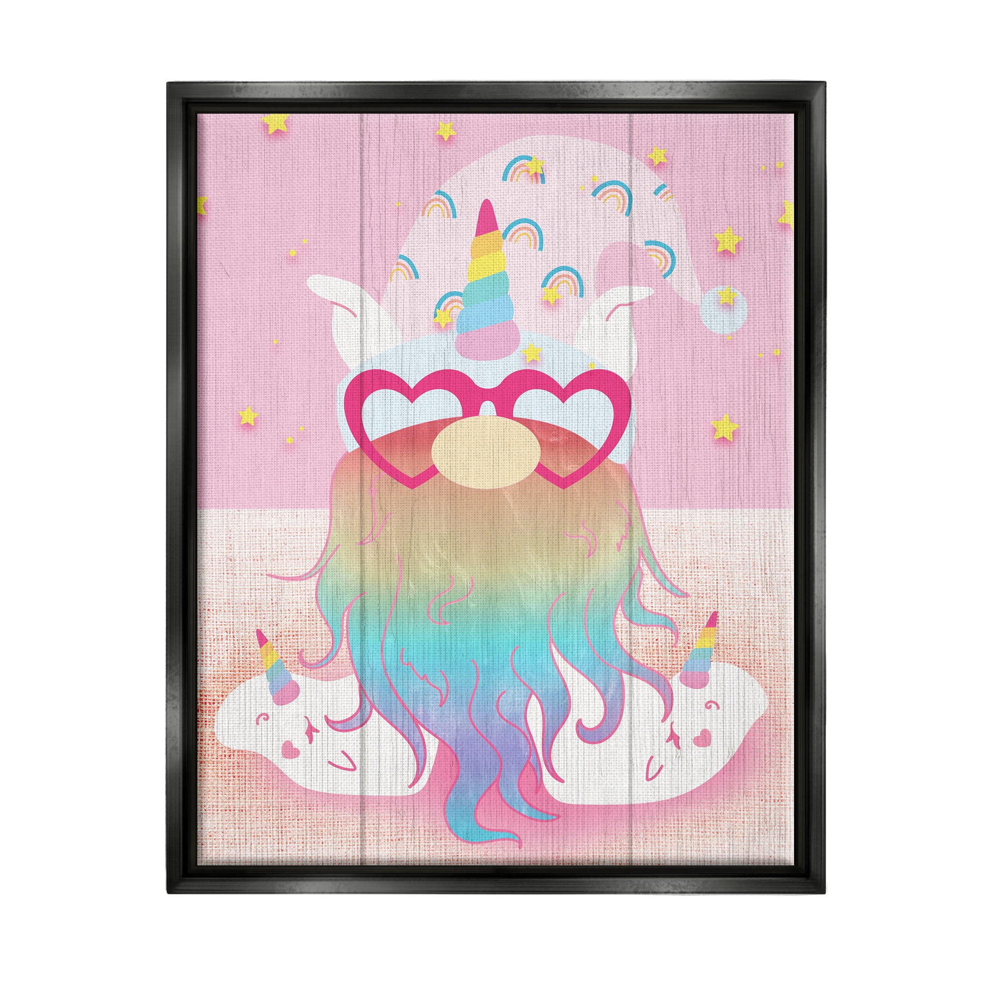 Stupell Pink Rainbow Unicorn Gnome Fairy Tales & Fantasy Painting Black Floater Framed Art Print Wall Art