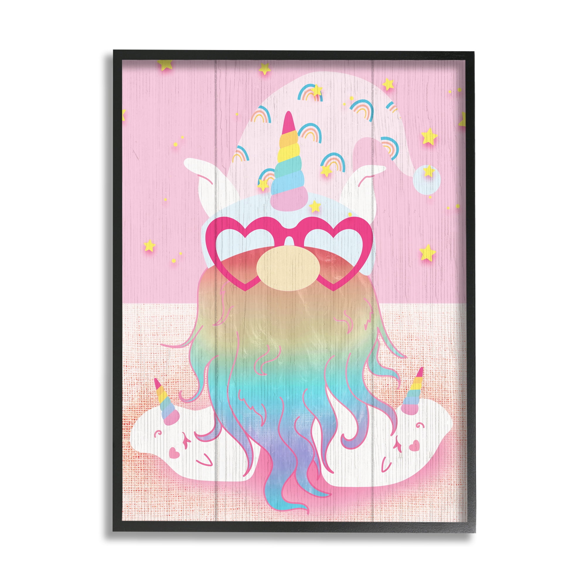 Stupell Pink Rainbow Unicorn Gnome Fairy Tales & Fantasy Painting Black Framed Art Print Wall Art