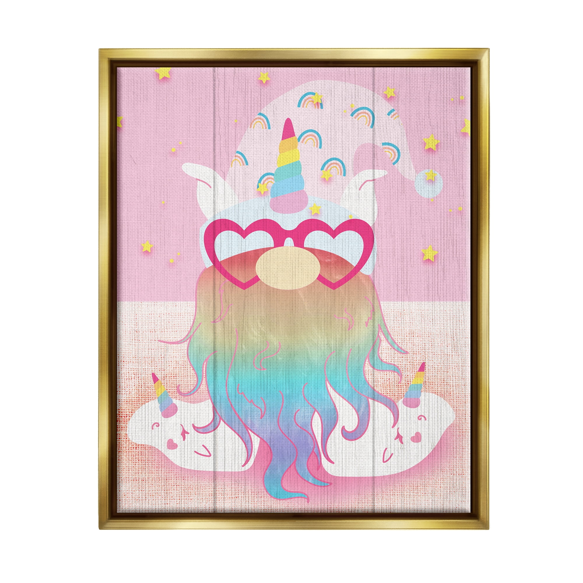 Stupell Pink Rainbow Unicorn Gnome Fairy Tales & Fantasy Painting Gold Floater Framed Art Print Wall Art
