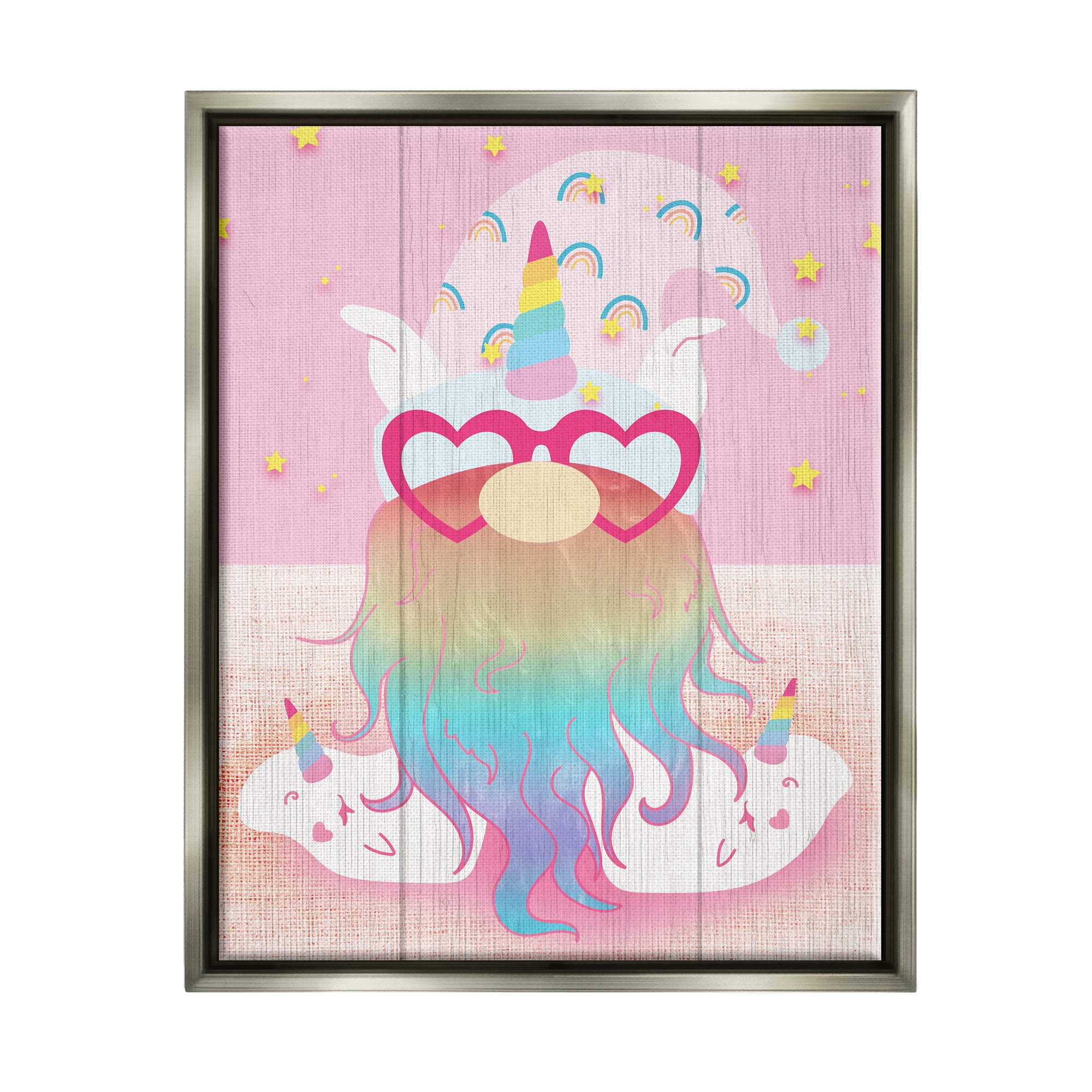 Stupell Pink Rainbow Unicorn Gnome Fairy Tales & Fantasy Painting Gray Floater Framed Art Print Wall Art