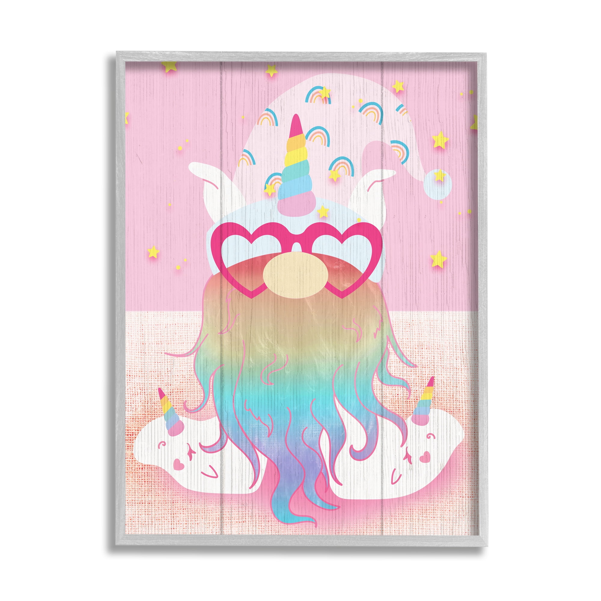Stupell Pink Rainbow Unicorn Gnome Fairy Tales & Fantasy Painting Gray Framed Art Print Wall Art