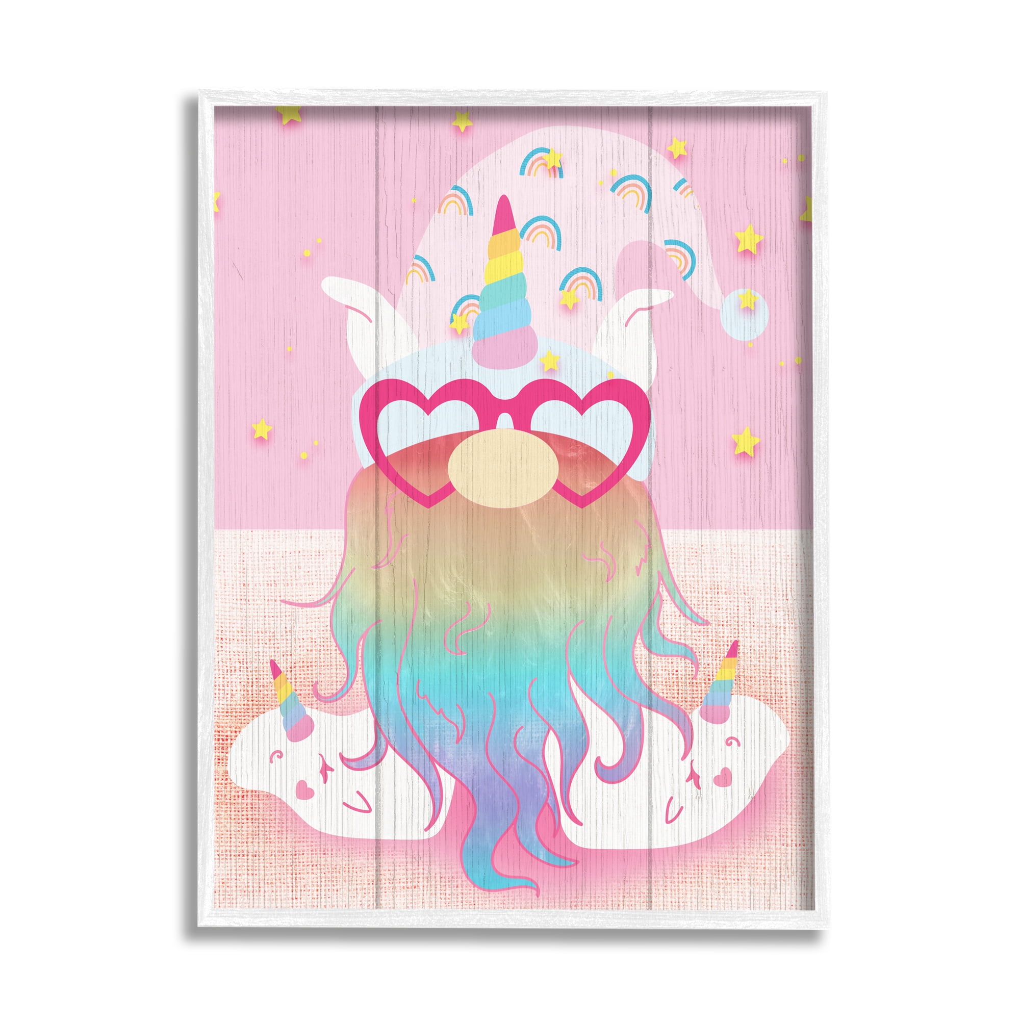 Stupell Pink Rainbow Unicorn Gnome Fairy Tales & Fantasy Painting White Framed Art Print Wall Art