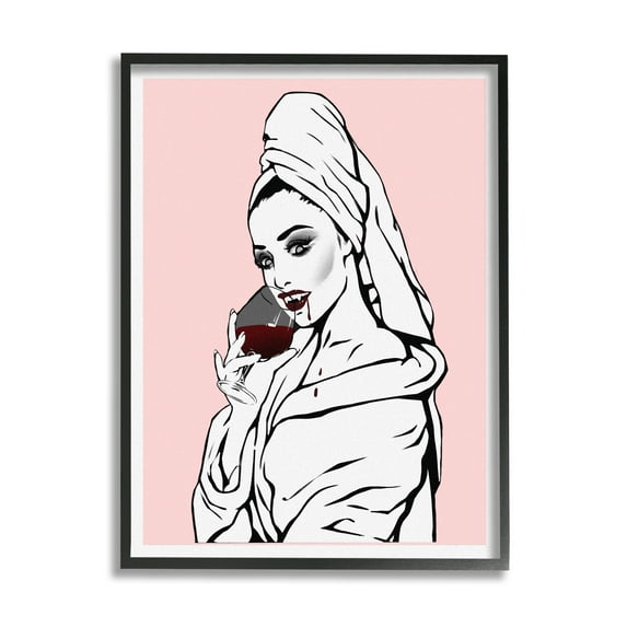 Stupell Pink Vampire Fashionista Drinking Wine Beauty & Fashion Painting Black Framed Art Print Wall Art